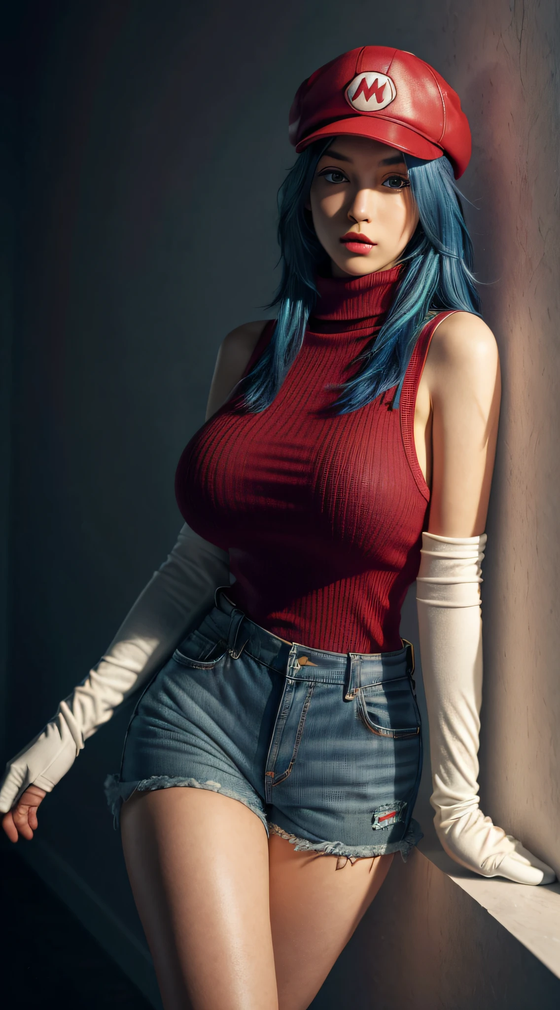 color_hair, blue_hair, brown_hair,, crazy detail, intricate detail, hyperdetail, ultra-detail, extreme detail, supreme detail, high_detail, colorful, beautiful, HDR, realistic, high resolution, ultra_high_res, photography, aesthetics, extremely_delicate,,(1girl,,makeup,blush,tall, Big breasts: 1.5, Thick legs: 1.6), ((Mario red hat)), ((Red turtleneck off-the-shoulders: 1.8)), ((Blue leather strap ultra shorts, Suspenders: 1.5)), (White gloves), (Detailed leather texture: 1.8))), Leaning against the wall, shadow projected on the wall, (White light and shadow room), Studio lighting, detailed picture details, (Masterpiece: 1.3), (best_quality:1.3), (ultra_ detailed:1.3), 8K, extremely_clear, realism, (surreal:1.3),