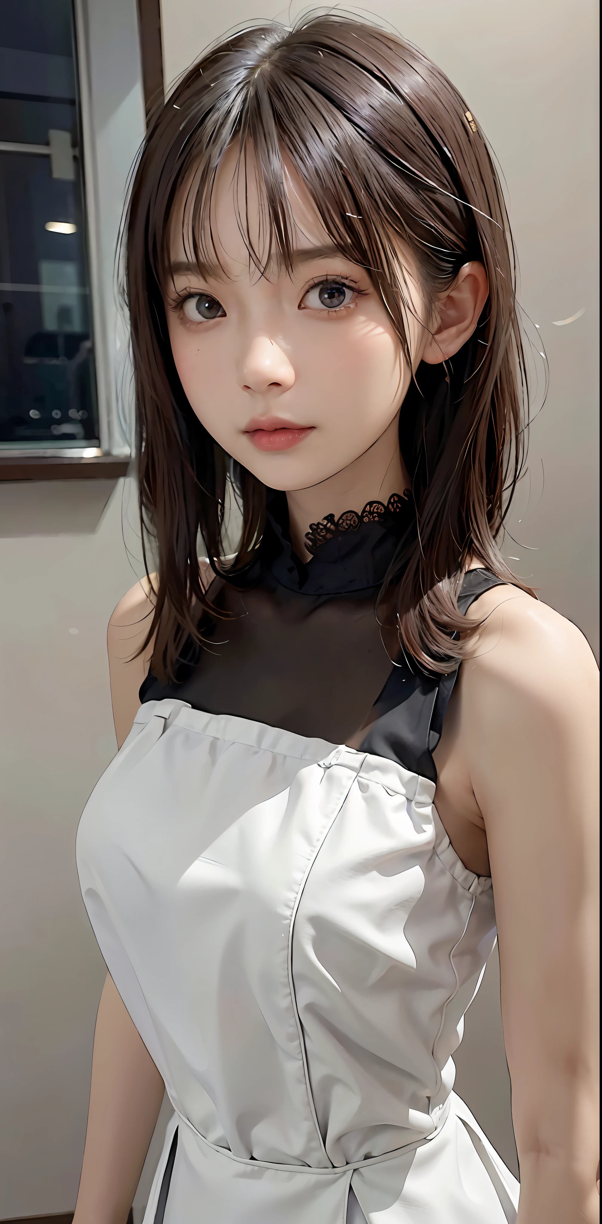 masterpiece, 1 beautiful girl, detailed eyes, puffy eyes, best quality, ultra high definition, (reality: 1.4), original photo, 1girl, cinematic lighting, Japan, asian beauty, korean, super beautiful, beautiful skin, slender, body facing front, (ultra-realistic), (high resolution), (8K), (very detailed), (best illustration), (beautifully detailed eyes), (ultra detailed) , detailed face, looking at the viewer, facing straight ahead, neat clothes, sleeveless, short hair, black hair, 46 points diagonal bangs, room based on white background tone, neat atmosphere,