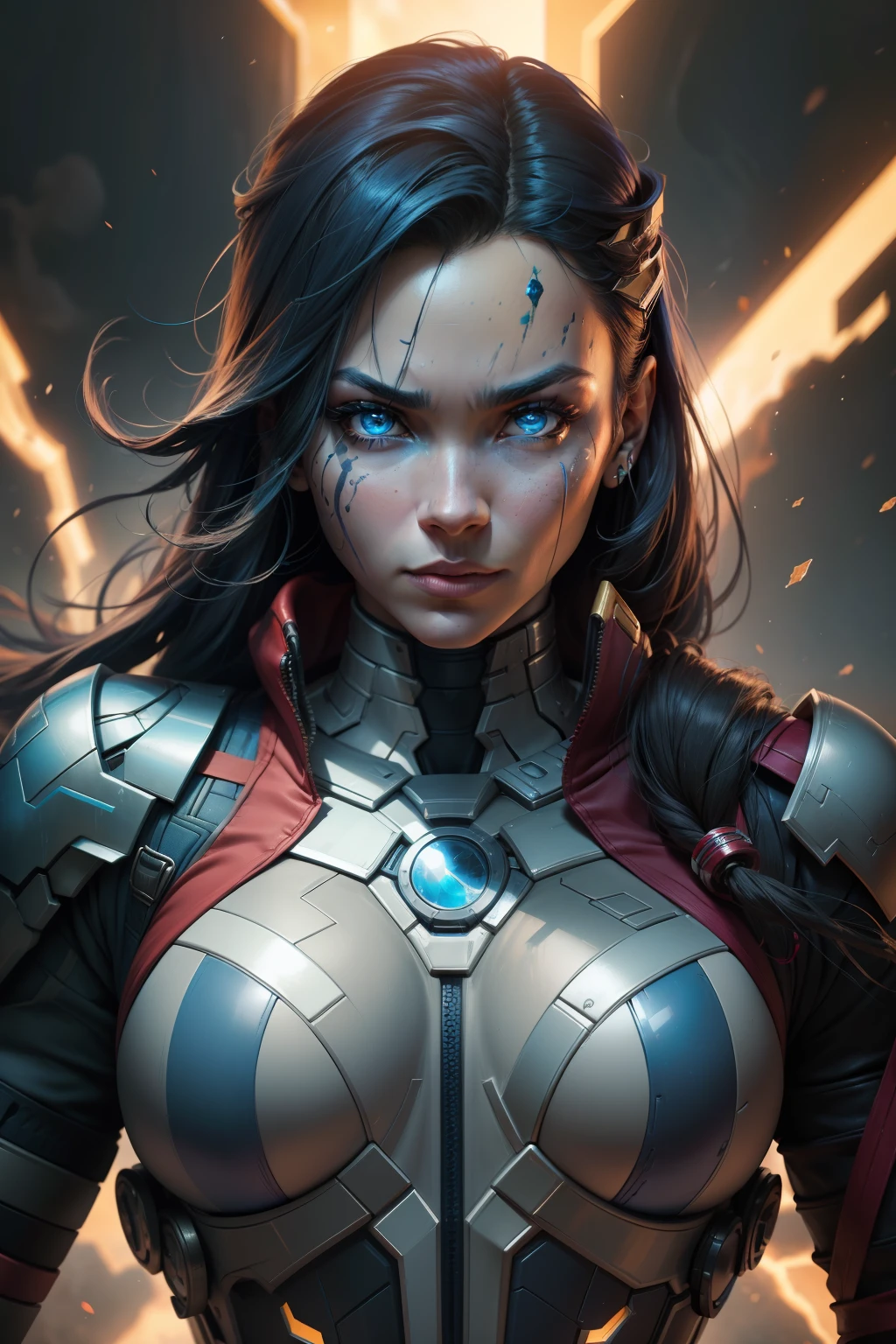 superhero, Marvel character, detailed facial features, hyper-realistic, cinematic lighting, 8K, high resolution, photorealistic, dramatic pose, heroic expression, metallic armor, flowing cape, epic action scene, dynamic composition, vibrant colors, chiaroscuro lighting, volumetric fog, cinematic depth of field