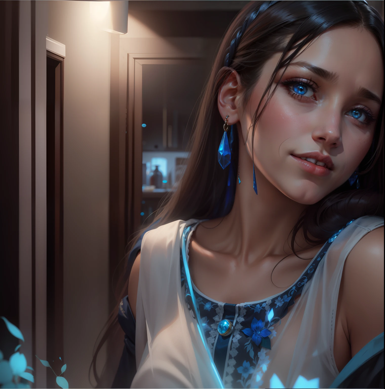 Beutiful girl realistic face, blue earrings, 8k ultra realistic