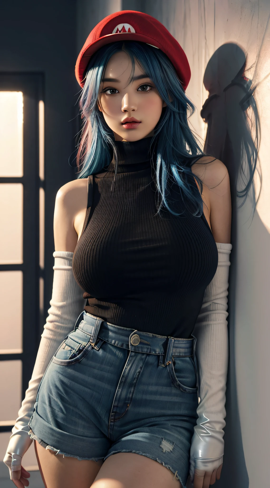 color_hair, blue_hair, brown_hair,, crazy detail, intricate detail, hyperdetail, ultra-detail, extreme detail, supreme detail, high_detail, colorful, beautiful, HDR, realistic, high resolution, ultra_high_res, photography, aesthetics, extremely_delicate,,(1girl,,makeup,blush,tall, Big breasts: 1.5, Thick legs: 1.6), ((Mario red hat)), ((Red turtleneck off-the-shoulders: 1.8)), ((Blue leather strap ultra shorts, Suspenders: 1.5)), (White gloves), (Detailed leather texture: 1.8))), Leaning against the wall, shadow projected on the wall, (White light and shadow room), Studio lighting, detailed picture details, (Masterpiece: 1.3), (best_quality:1.3), (ultra_ detailed:1.3), 8K, extremely_clear, realism, (surreal:1.3),