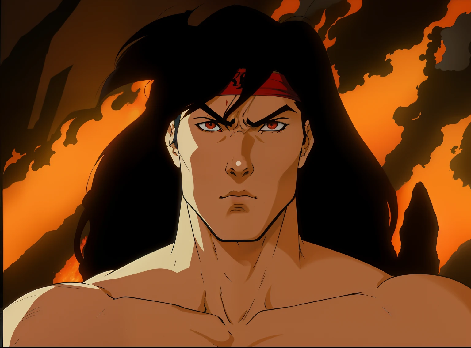 a close up of a man with long hair, red headband,and red tank top , full body image, (liu kang)ninja scroll anime style, anime ninja scroll, shinji ikari, appears as the fire goddess, akira from chinese mythology, 80s anime ova style, fire behind him, mamoru hosoda, miura kentaro style, kentaro miura style