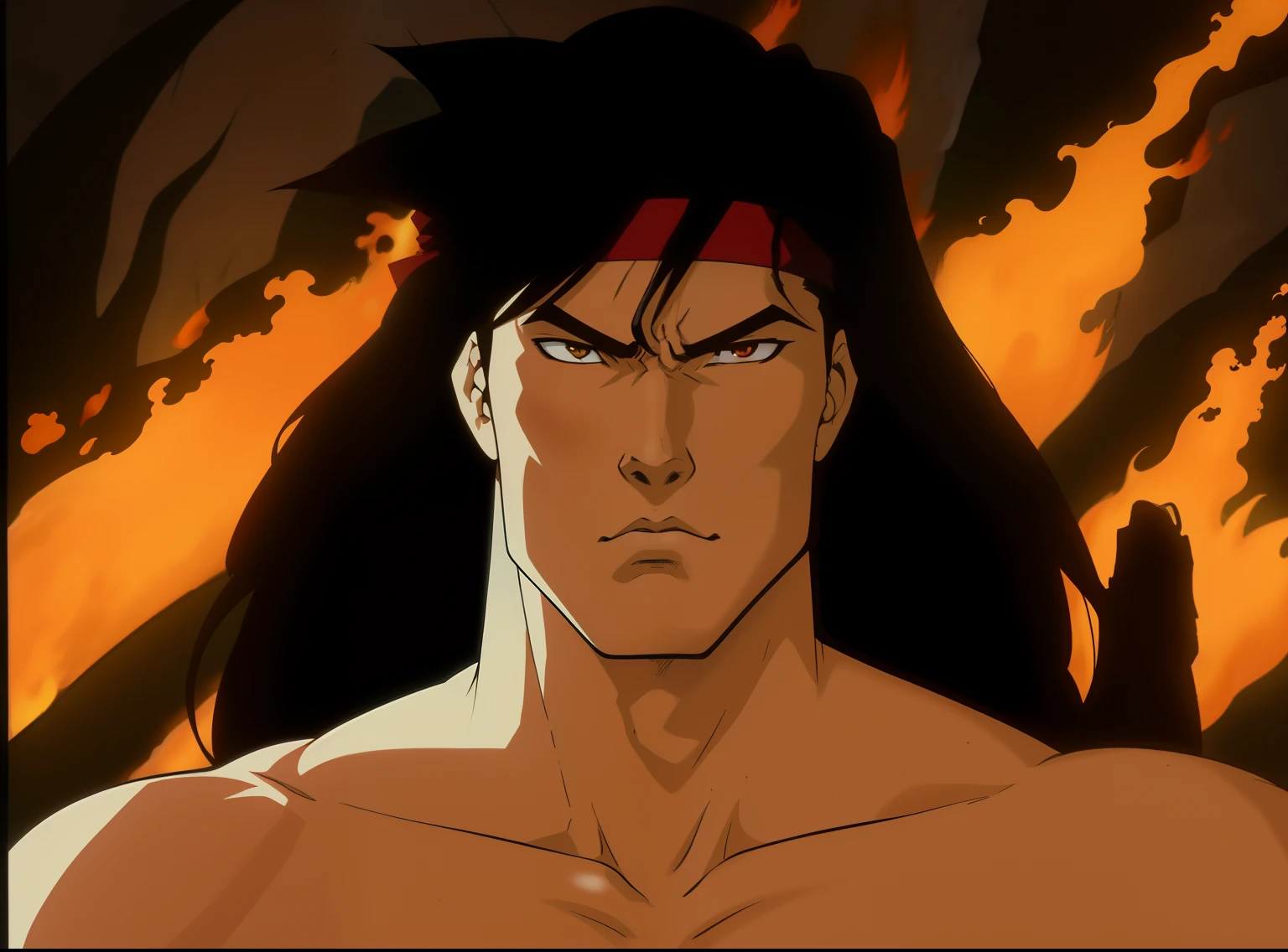 a close up of a man with long hair, red headband,and red tank top , full body image, (liu kang)ninja scroll anime style, anime ninja scroll, shinji ikari, appears as the fire goddess, akira from chinese mythology, 80s anime ova style, fire behind him, mamoru hosoda, miura kentaro style, kentaro miura style