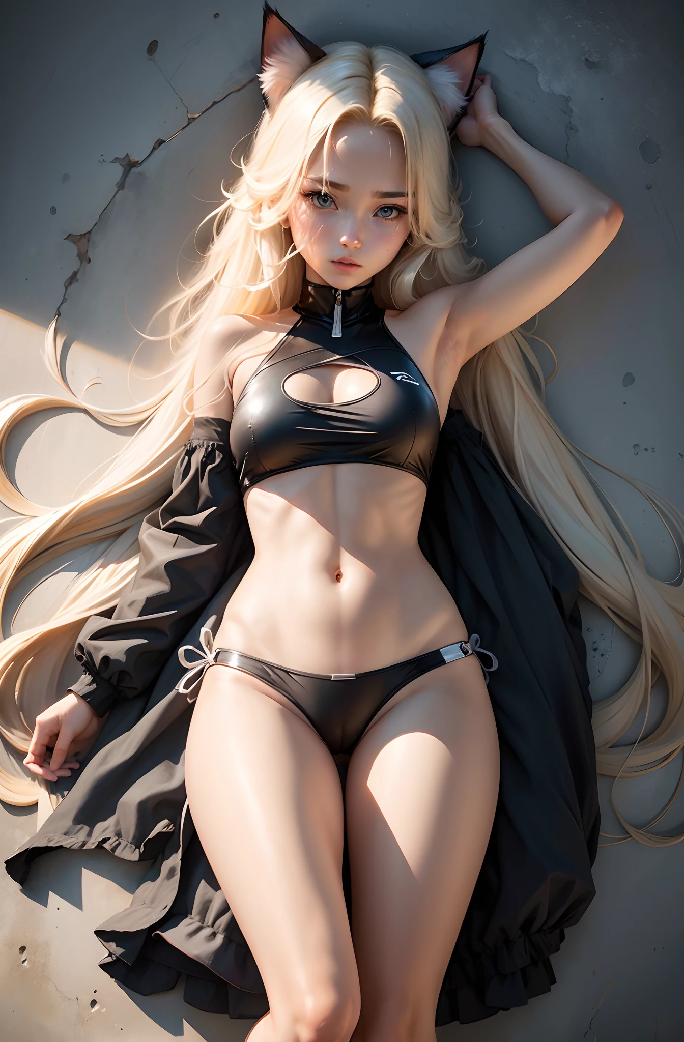 best qualityer，tmasterpiece，quadratic element，femele，Cat ears，long whitr hair，blond hairbl，swim wears，Shoulders exposed，revealing her belly --auto