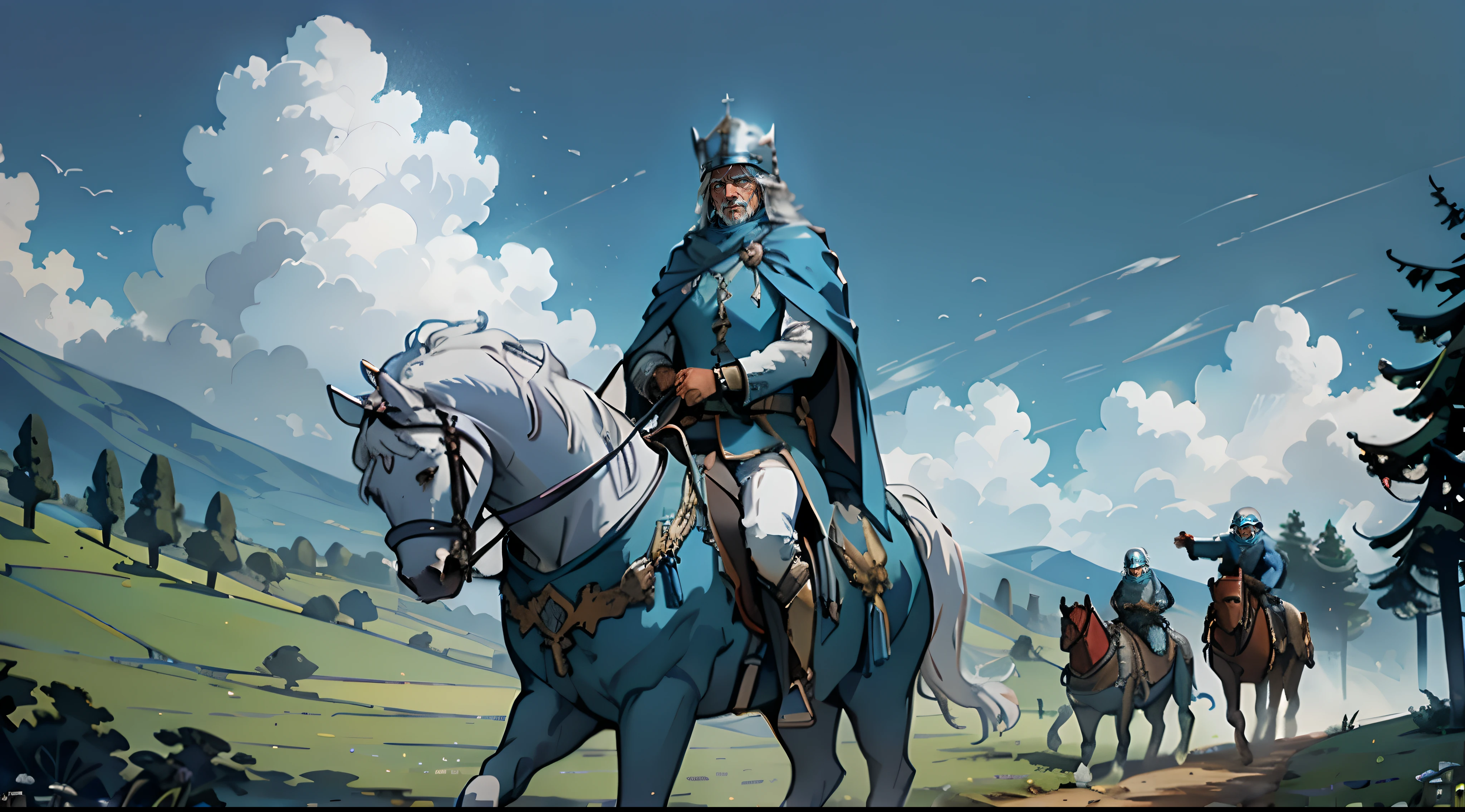 foreshortening, first-person view, A 55 years old king with white hair and a blue cloak riding a horse and behind him a number of infantrymen with Roman-style helmets and long spears, a dirt path in a meadow.