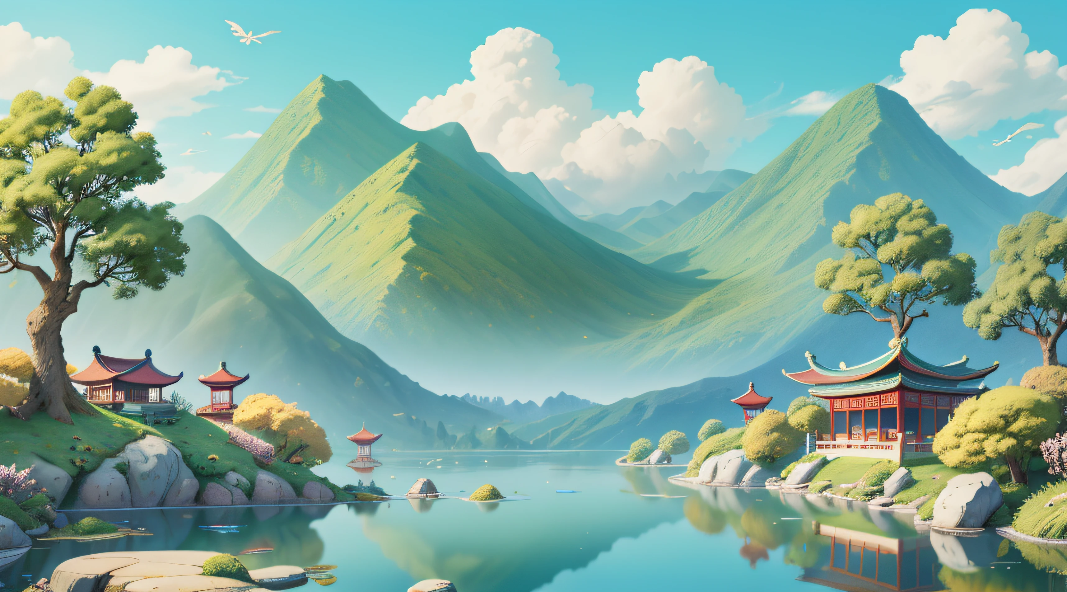 Chinese painting illustration,(sfv),The dragon ship has ancients,chinesedragon,Traditional Chinese costumes,Spring outing,cheerfulness,The background is a big lake,In the distance there are blurry Chinese-style buildings,Perfect quality,Clear focus,Extremely colorful,s the perfect face,Complicated details,ultra-low perspective,wide wide shot,The background is clean,Vista composition