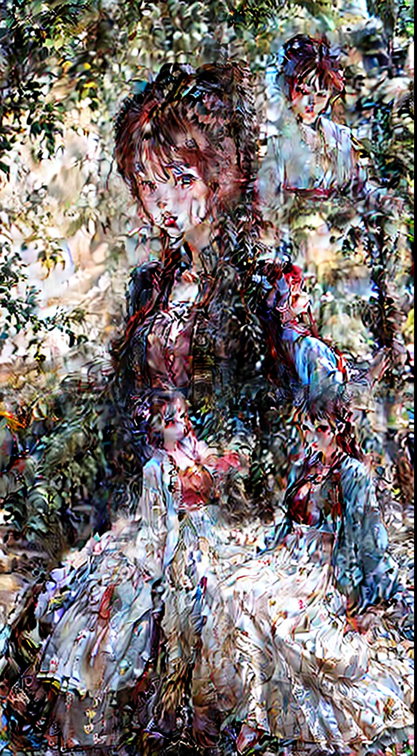 femele，long whitr hair，ssmile，white camisole，Frontal photo，huge tit，long leges，Realisticstyle，夏天，There is a river behind you。Black 0D stockings，The river water wet clothes，See-through installation，