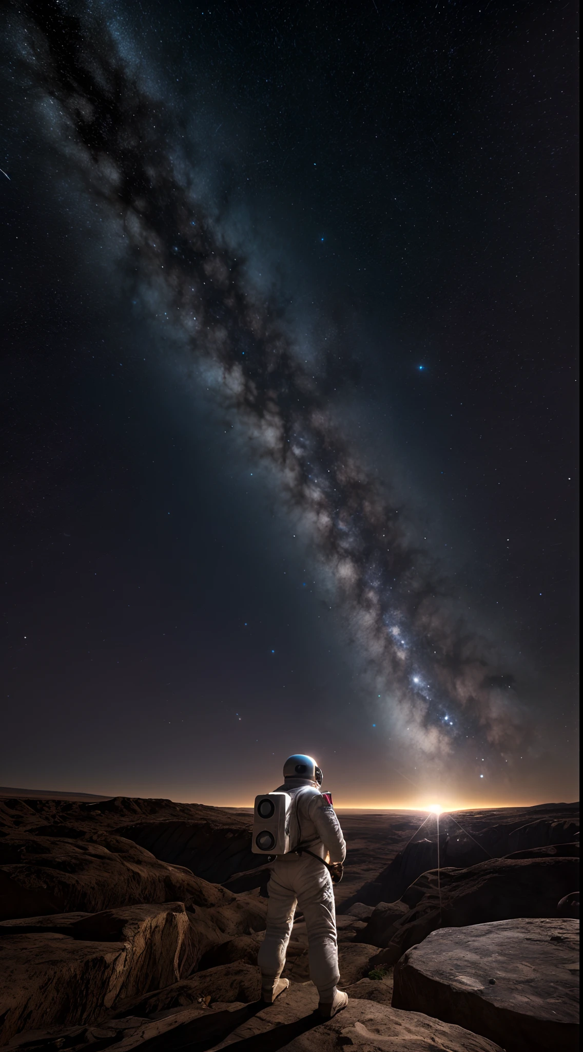 8k masterpiece, (best quality: 1.2), an Astronaut is completely alone on a colossal meteorite he looks up at the star filled universe, ultra realistic spacesuit, (reflective visor: 1.3), distant galaxies and nebulae shine their 3billion year old light, stars reflection in visor, highly detailed, cg work, epic shadows, cinematic lighting, wide angle 45° shot, high definition depth of field background: 1.4, epic realism, sense of loneliness, breathtaking cosmic background, colossal galaxies radiate their distant light, mammoth nebulae form exquisite shapes, dawn of time