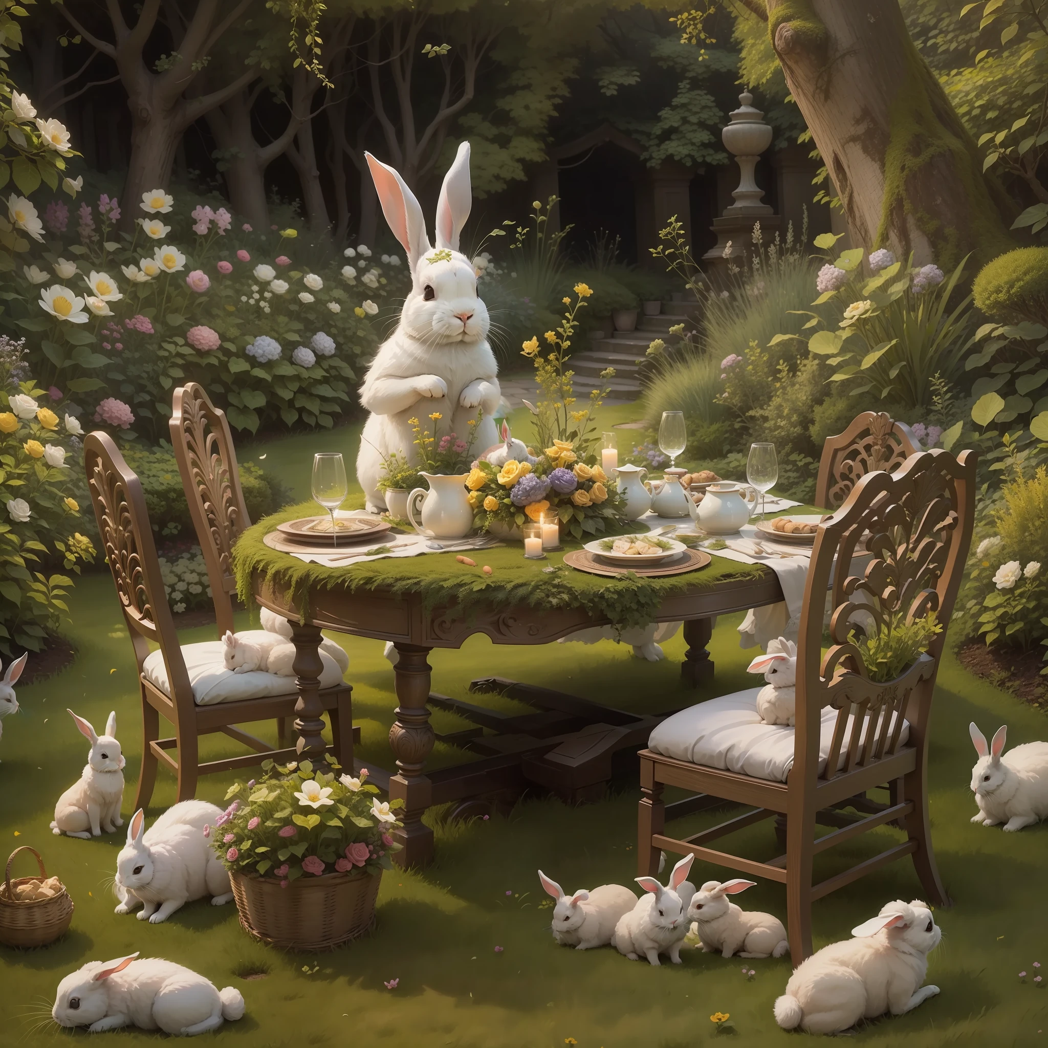 a lavishly set table in an enchanted garden, rabbits can be seen on the grass