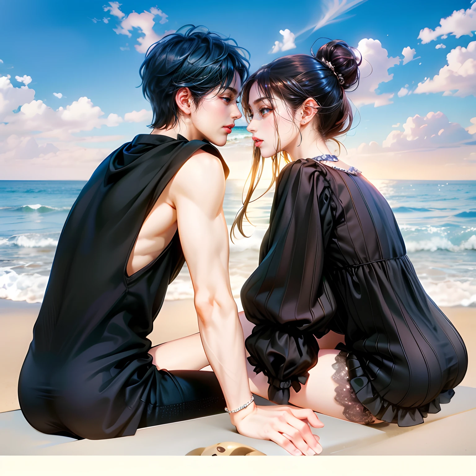 There are two people sitting opposite each other on the beach, kissing together cutely, imvu, second life avatar, nixeu and sakimichan, secondlife, in beach, Couple Pose, kiss together, in beach, romantic couple, romantic!!!, Tumbler, beaching, sasoura, On the beach, in beach, Sitting on the beach