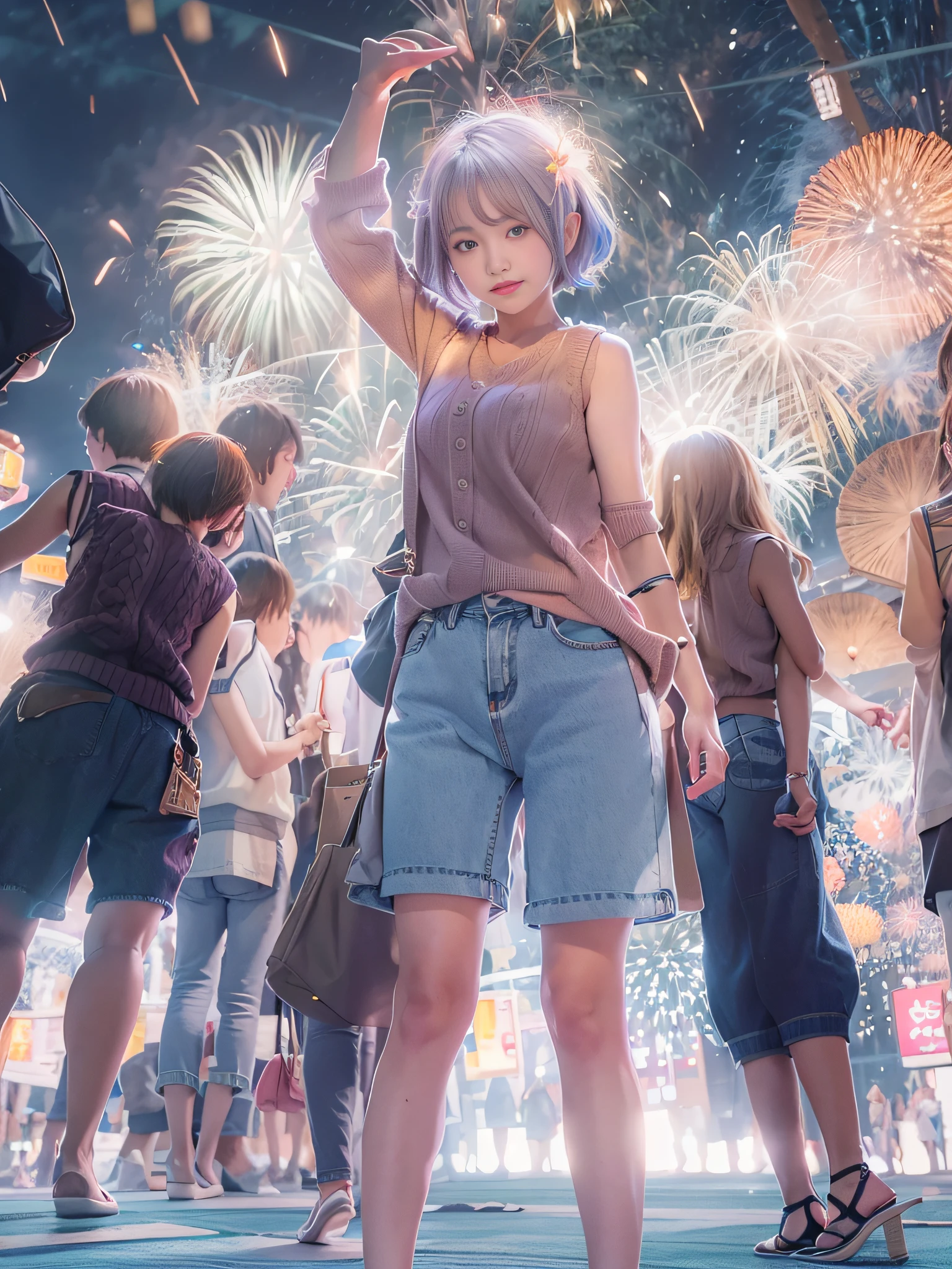 top-quality、masterpiece、超A high resolution、natta、starrysky、(Photorealsitic:1.4)、Raw photo、Detailed CG image quality、(Fireworks Festival:1.4)、Beautiful fece、1girl in、japanes、sixteen years old、(blue eyess:1.2)、pink lipsticks、A smile、(((Shortcut Hair:1.4)))、(skin tanned:1.4)、(((Sleeveless Summer Sweater:1.4)))、(Low-rise denim pants:1.4)、Large bust、cleavage of the breast、big breasts thin waist、detailed portrait、8K picture quality、concept-art、Cinematic and dramatic atmosphere、(Shrine of Japan:1.2)、(Festival flag,)、Paper decoration、foco nítido、Volumetric lighting、Cinematographic lighting、Colorful neon lighting、depth of fields、Ambient lighting、Blurred foreground、blurry backround:1.3、portlate