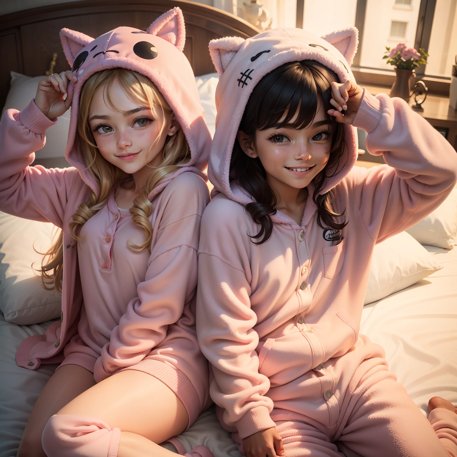 two famale teenager,,onesie,smile,bed,