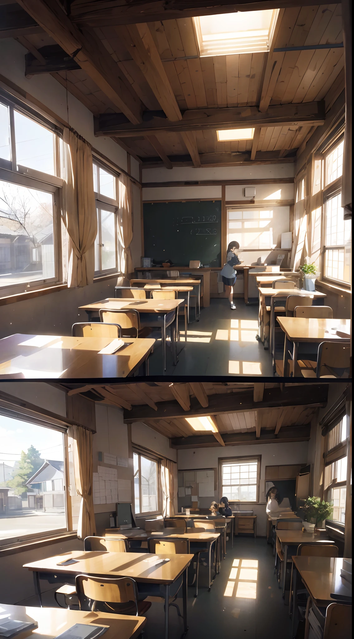 An immersive portrayal of a Japanese classroom illuminated by majestic lighting, captured in a photorealistic style. The lighting bathes the room in a soft, natural glow, highlighting the intricate details of the space. The scene is meticulously rendered in high resolution, showcasing every aspect of the classroom, from the texture of the wooden desks to the reflections on the windows. The wide-angle view captures the breadth of the room, with rows of neatly arranged desks, a chalkboard adorned with equations, and sunlight streaming in through open windows. The attention to detail creates a sense of authenticity, while the photorealistic style brings the scene to life with a touch of realism. The camera shot, utilizing a wide-angle lens, ensures that every corner of the classroom is visible, inviting viewers to explore the environment