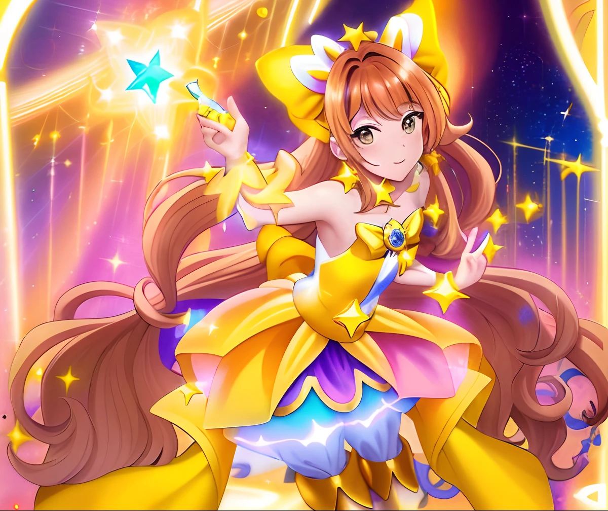 Cartoon male character in yellow dress with star in hand, Orange and yellow and violet costume, He has long orange-brown hair, Official art, official artwork, hq artwork, Sparkling Magical Boy, Promotional Art, hight resolution, Prince in anime, Ultra Mega Super Hyper Beautiful, official anime artwork, Prince of Light, official fan art, art promotional, Beautiful!!!!!!!!!!!!, Yellow glowing magic, celestial aura, Dazzling, holy aura