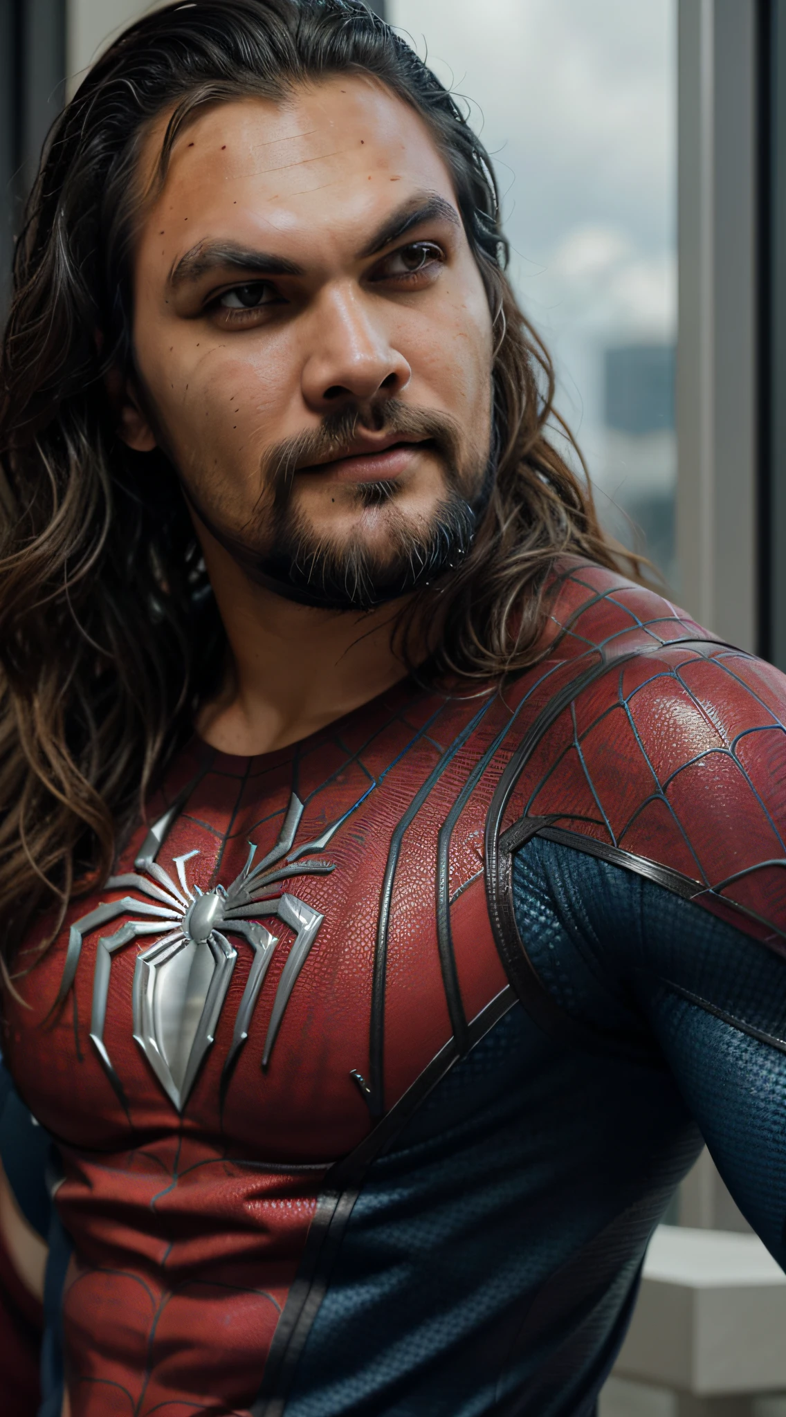 Close-up, Homem (spiderman suit), (((cabelos loiros, loiro, Jason Momoa, musculoso))), fotorrealista, ultra-detalhado, detalhes intrincados, super detalhado, volumático, HDR, Realistic, Motor irreal, 16k, foco nítido, octan render, da mais alta qualidade, Foto RAW, cinematic  composition,