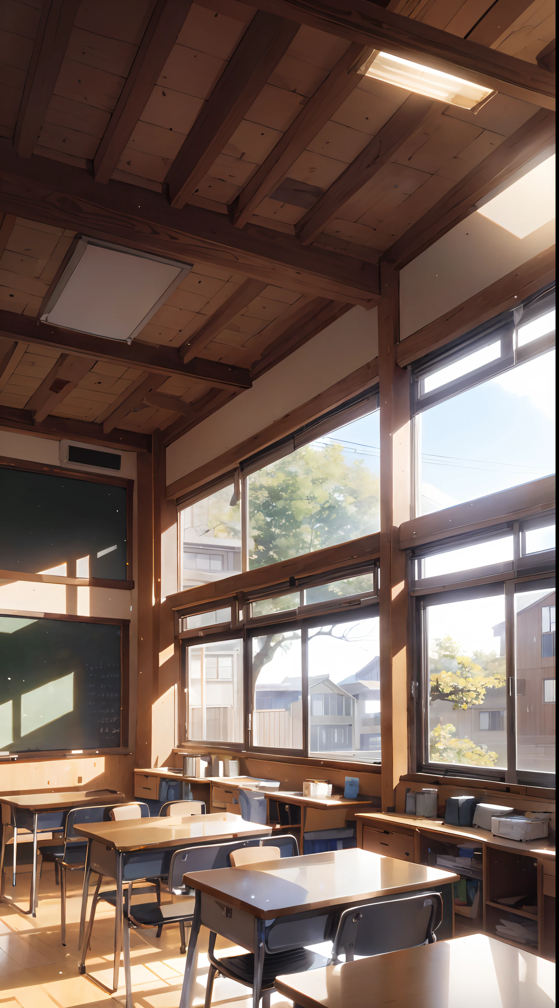 An immersive portrayal of a Japanese classroom illuminated by majestic lighting, captured in a photorealistic style. The lighting bathes the room in a soft, natural glow, highlighting the intricate details of the space. The scene is meticulously rendered in high resolution, showcasing every aspect of the classroom, from the texture of the wooden desks to the reflections on the windows. The wide-angle view captures the breadth of the room, with rows of neatly arranged desks, a chalkboard adorned with equations, and sunlight streaming in through open windows. The attention to detail creates a sense of authenticity, while the photorealistic style brings the scene to life with a touch of realism. The camera shot, utilizing a wide-angle lens, ensures that every corner of the classroom is visible, inviting viewers to explore the environment