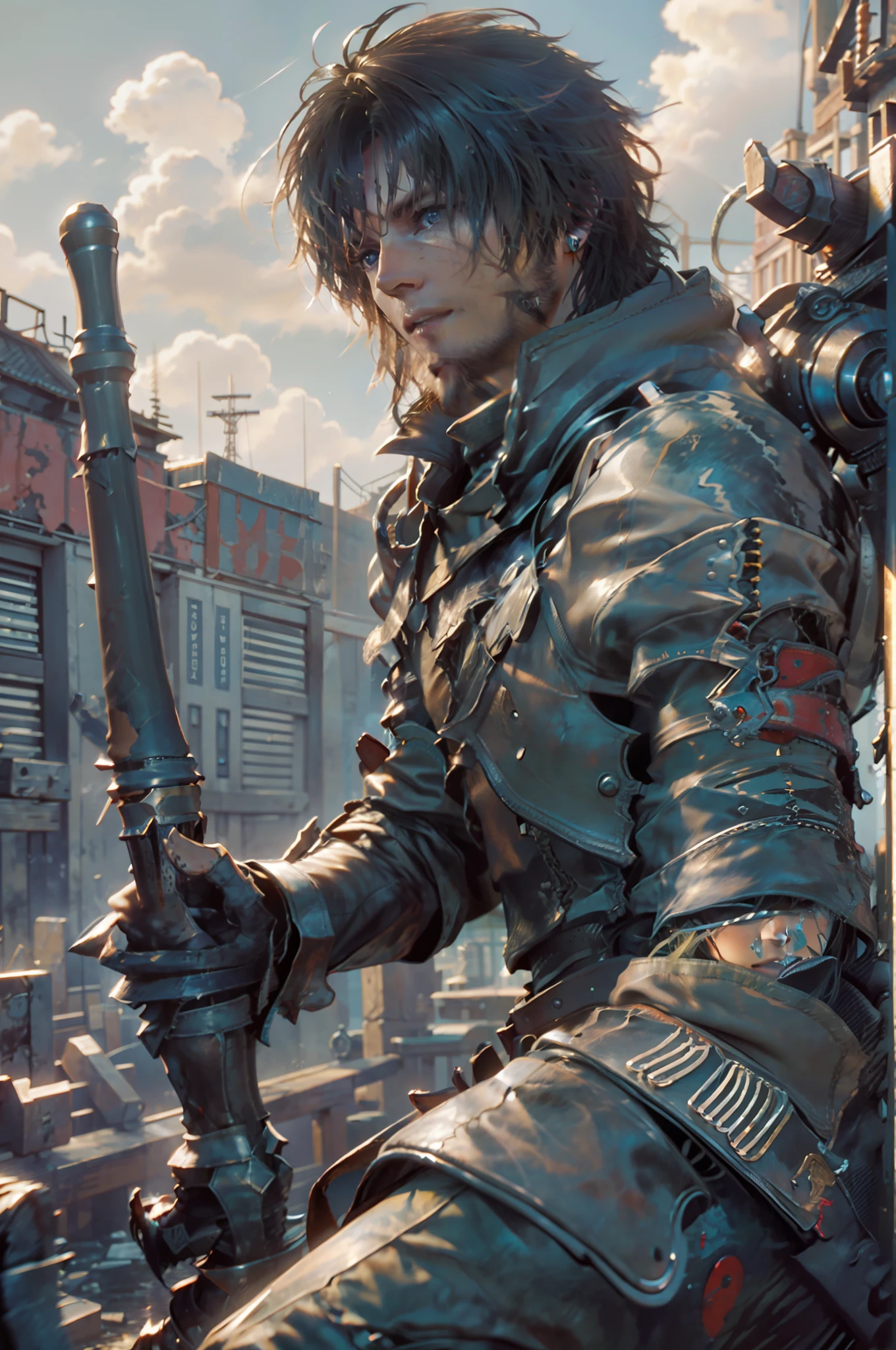 (absurdos, Altas Resoluciones, Ultra detallado, HDR), Obra maestra, La mejor calidad, final fantasy xvi, clive rosfield, 1hombre solamente, guapo, pelo corto, cabello negro, Ojos azules vibrantes, ojos finos y cara detalladas, Armadura, ((Arma intrincada)), pose de combate, sobre colina, llamas de fuego detras, sonrisa afectada, molesto.