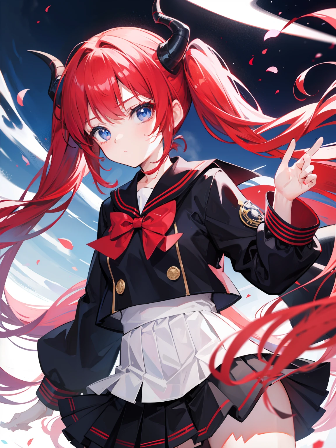 red hair, blue eyes, twintails, Sailor suit,black coat, Dragon horns,Pleated skirt,solo,loli,cute,bow