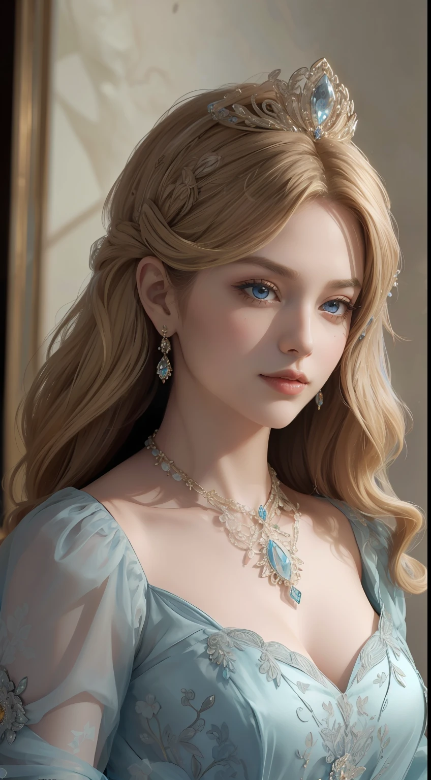 tmasterpiece,Highest image quality,Beautiful bust of a royal lady,Delicate blonde hairstyle,Embellished with brilliant and intricate floral jewelry,super detailing,upscaled。