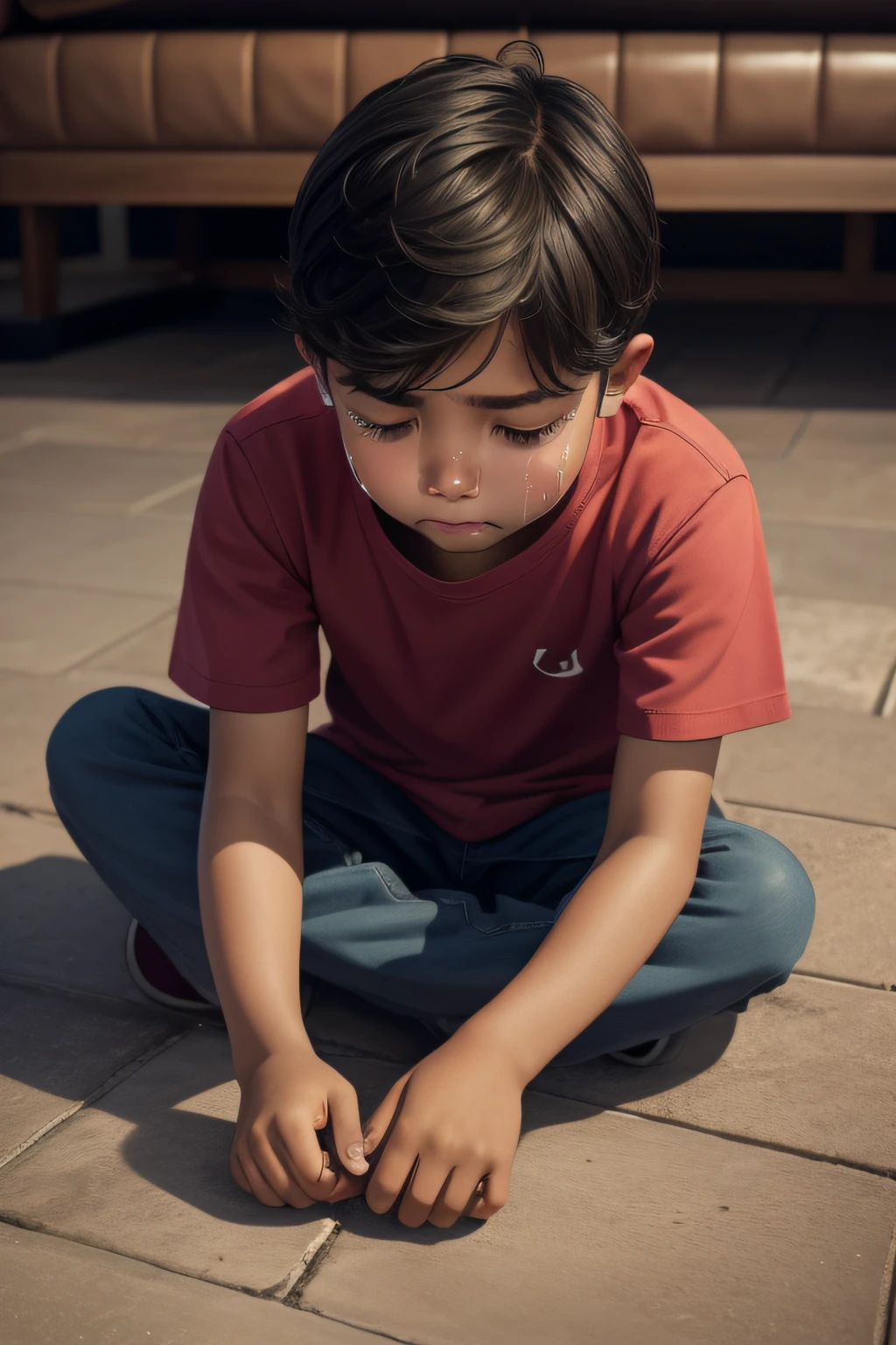 real young boy sitting on the flor looking to the ground with tears