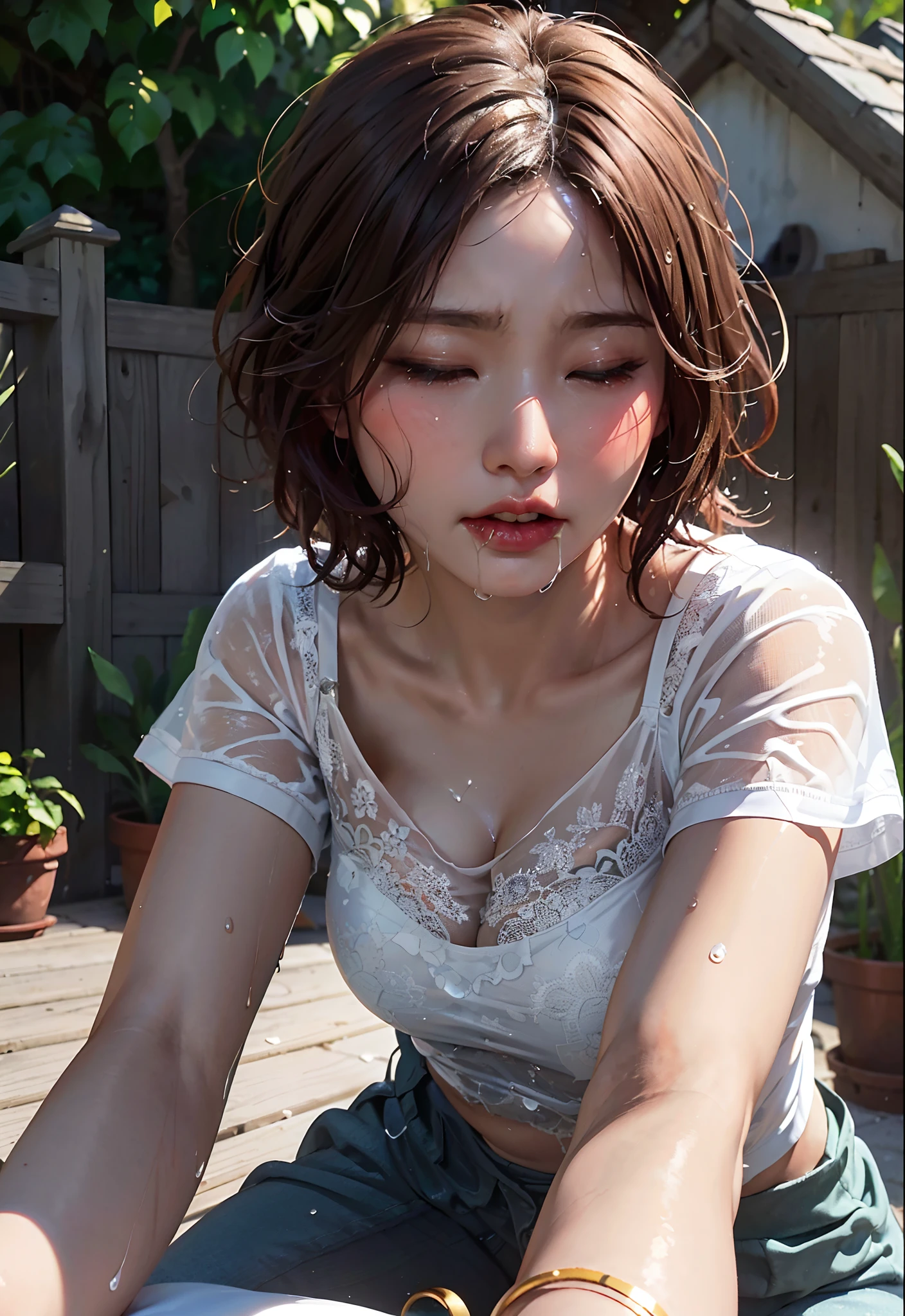 masutepiece, bset quality, Real, 1girl in, (pureerosface_v1:0.7), (8K, Best Quality), on the beds,Black shorts,Spread your legs,Unconscious, Closed eyes, Sleeping, {{ on face}},_In_Mouth,_SUI_hair, on the chest, Full body,((Thick white liquid on face)))( Very sweaty))), ((the body is dripping wet)), ((Wet thighs)), (thick white liquid dripping from body)))), (((thick white liquid on breast))))