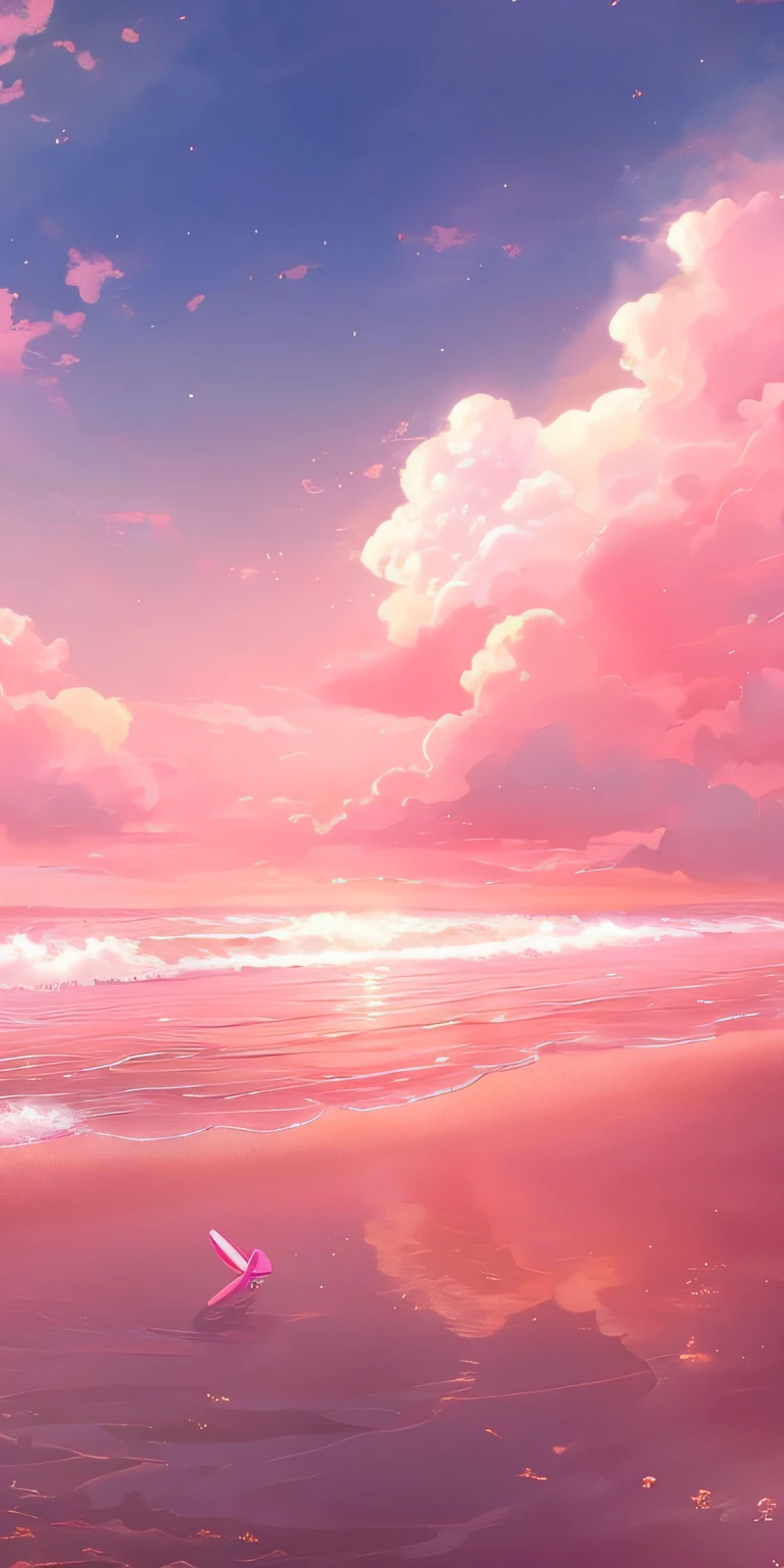 anime girl walking on the beach with a surfboard under a cloudy sky, fluffy pink anime clouds, looking out at a pink ocean, pink skies, Pink sky, heaven pink, Pink sunset, pink landscape, pink hues, Pink clouds, pink sunlight, beautiful aesthetic art, pink sunset hue, Beautiful wallpaper, anime backgrounds, Magnificent background, dreamy scenes, Beautiful background