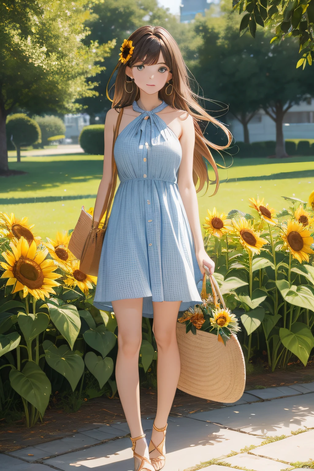 (masterpiece, best quality,absurdres, Ultra HD, Sharp) , exceptional, best aesthetic,
sole_female, 22yo, solo, (blue linen check dress for summer of ZARA), (white baket bag), (espadrilles), red sunglasses, earings, flower, sunflower, (full body shot), leaf, bangs, signature, yellow flower, brown hair, long hair, green eyes, detailed eyes, hair between eyes, flower earrings, sun shine