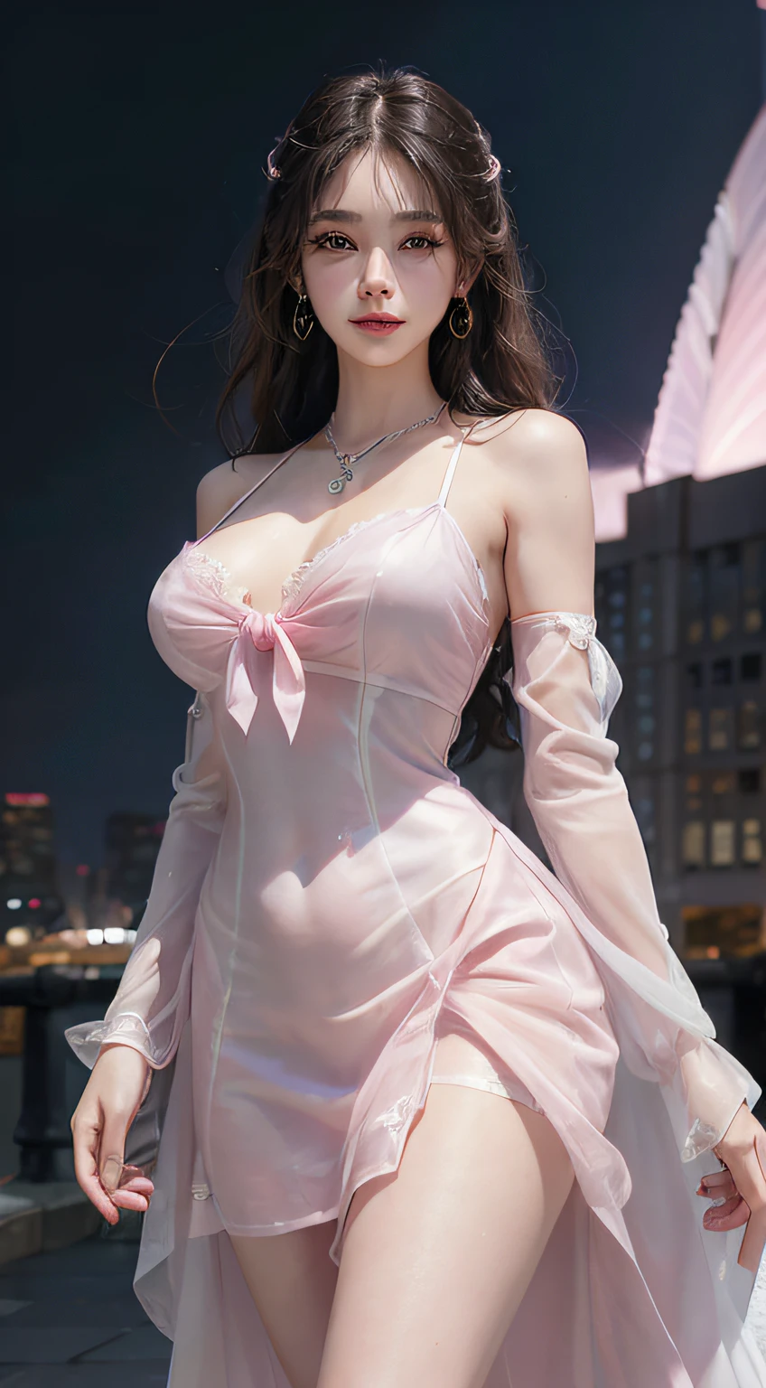 8K, Masterpiece, RAW photo, Best quality, Photorealistic, Extremely detailed CG unification,Open navel, 8k wallpaper, Depth of field, Cinematic light, Lens flare, Ray tracing, (Extremely beautiful face, Beautiful lips, Beautiful eyes), intricate detail face, ((ultra detailed skin)) 1girll, In the dark, deepshadow, Pretty Korean girl, Kpop idol,(Very slim and slender muscular body:1.3), ((view the viewer)),(Big smile:1.3), (bodycon minidress), (Injection sleeve) , (Dim lights, (neon lights sign), (Big building), City Night, Cityscape ), (No one is in the background:1.3), Pretty Korean girl, Earrings, bangle, Dia necklace, Pantyhose, Clear eyes, Walking , front footage, (Pale skin), Face forward, (Big eyes), ((upperbody shots)), ((silk tie)), ((Pink, white dresses:1.3)), (view the viewer:1.3), (see through, laced dress), Open breasts, Hermès bag