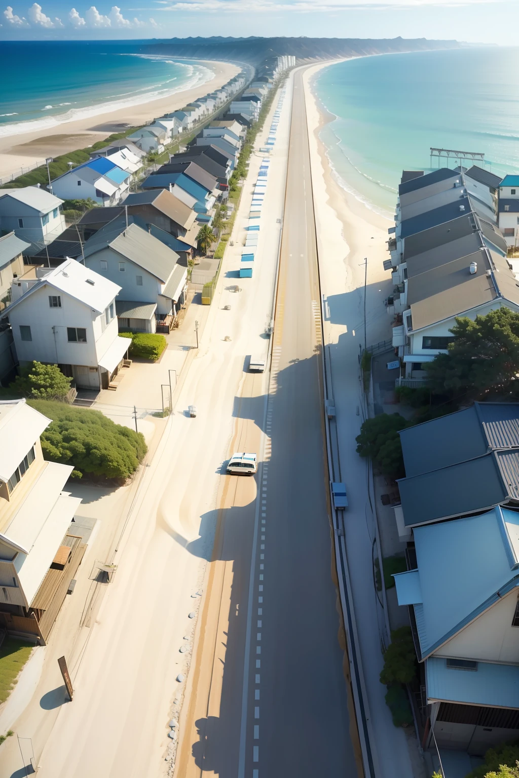 blue sea、White sand beaches on the coast、In front of the sandy beach is a railroad track and a two-lane road、Shops are lined up facing the road opposite the coast。