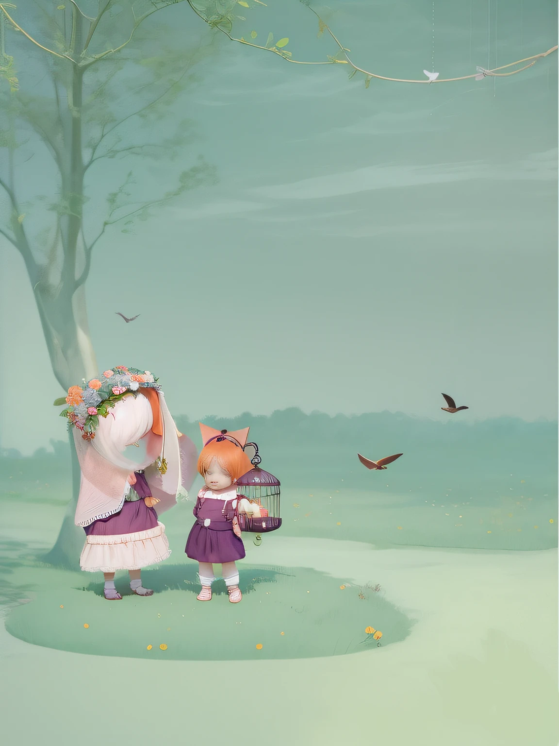 Short orange hair bangs 2  girl，Add an adult who is taller，and a cat，Birdcage in hand in a large meadow，The birdcage opened，The bird flew out