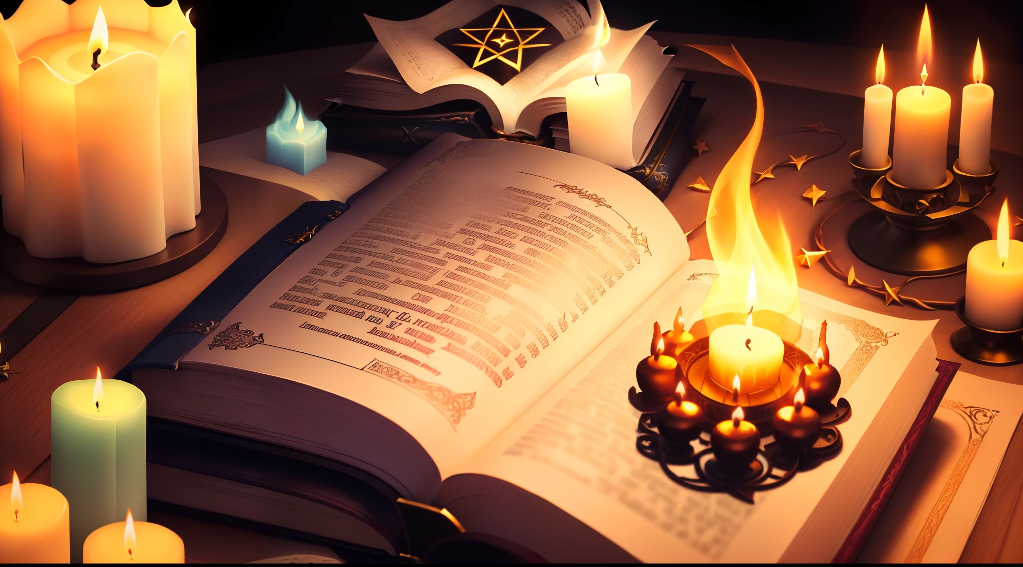 candles are lit on a table with a book and a candle, spell casting, open magic book glowing, black magic spells, spell book, spell casting wizard, casting a protection spell, holy flame spell, Reading an evil demonic book, casting a flame spell, Home Wicca Scene, spells magic, magias, Iluminado com velas, magic symbols, magic book