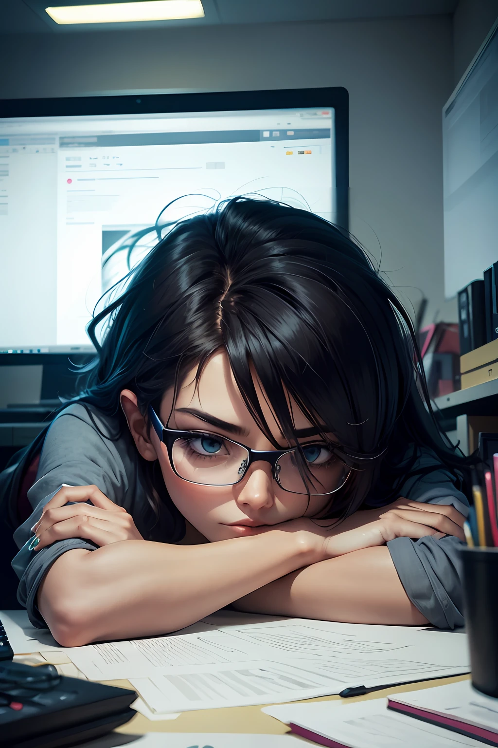 cartoonish style,deep in the night,office room,Tired designer lying in front of the computer,eye glass,messy hair,kawa,rich details,the soft light,tmasterpiece