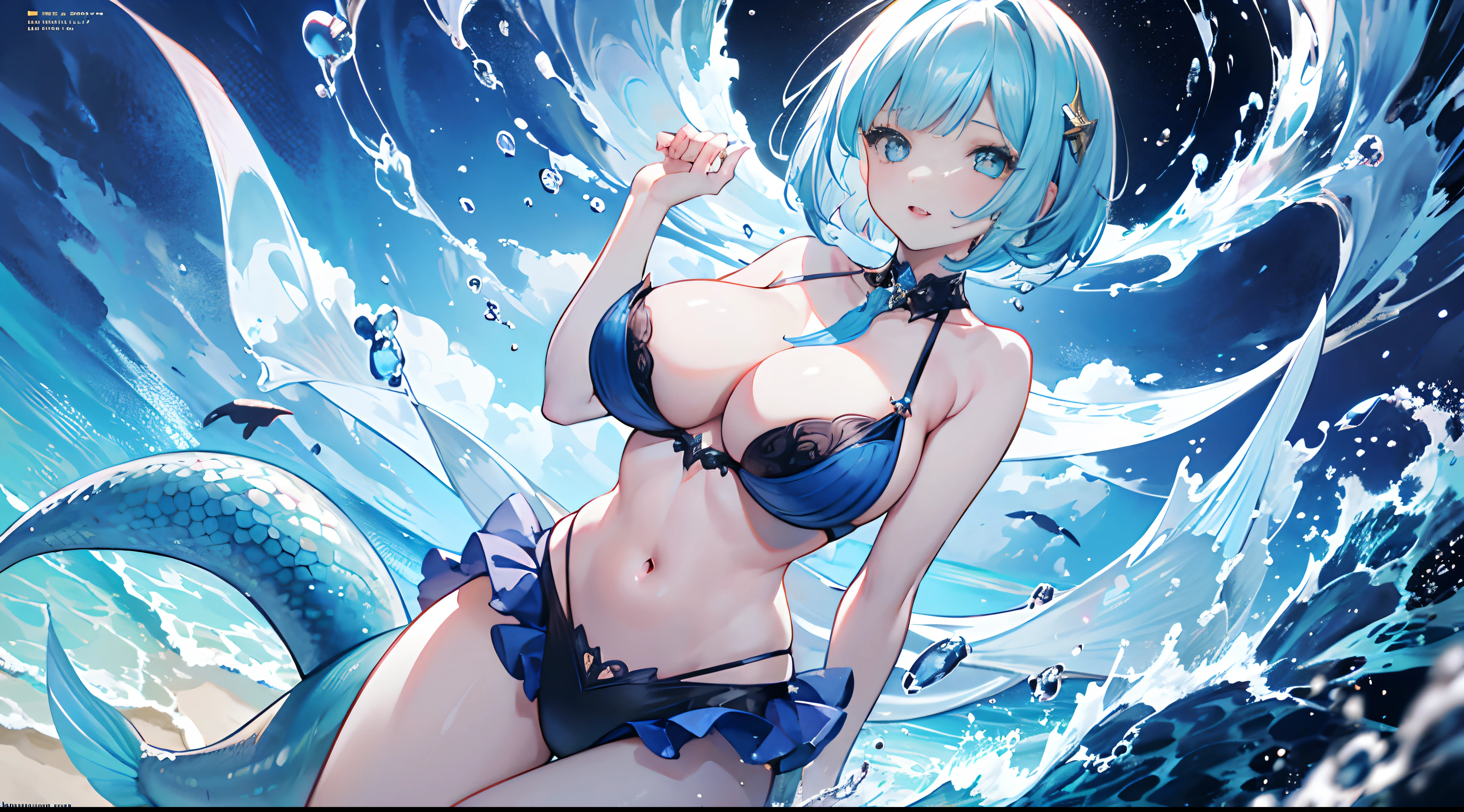 (1girl:1.21), mermaid, bob cut, cleavage, huge breasts, heart pasties, metal collar, tongue, fang, (in the sea:1.1), (the tail of a fish:1.1), in the water, long whitr hair, flowy, airbubble, Long light blue hair, sensual lingerie, thin and light, Hasselblad, f/4.0, ray tracing, cinematic lighting, drop shadow, backlighting, ccurate, textured skin, anatomically correct, super detail, high details, high quality, 4K