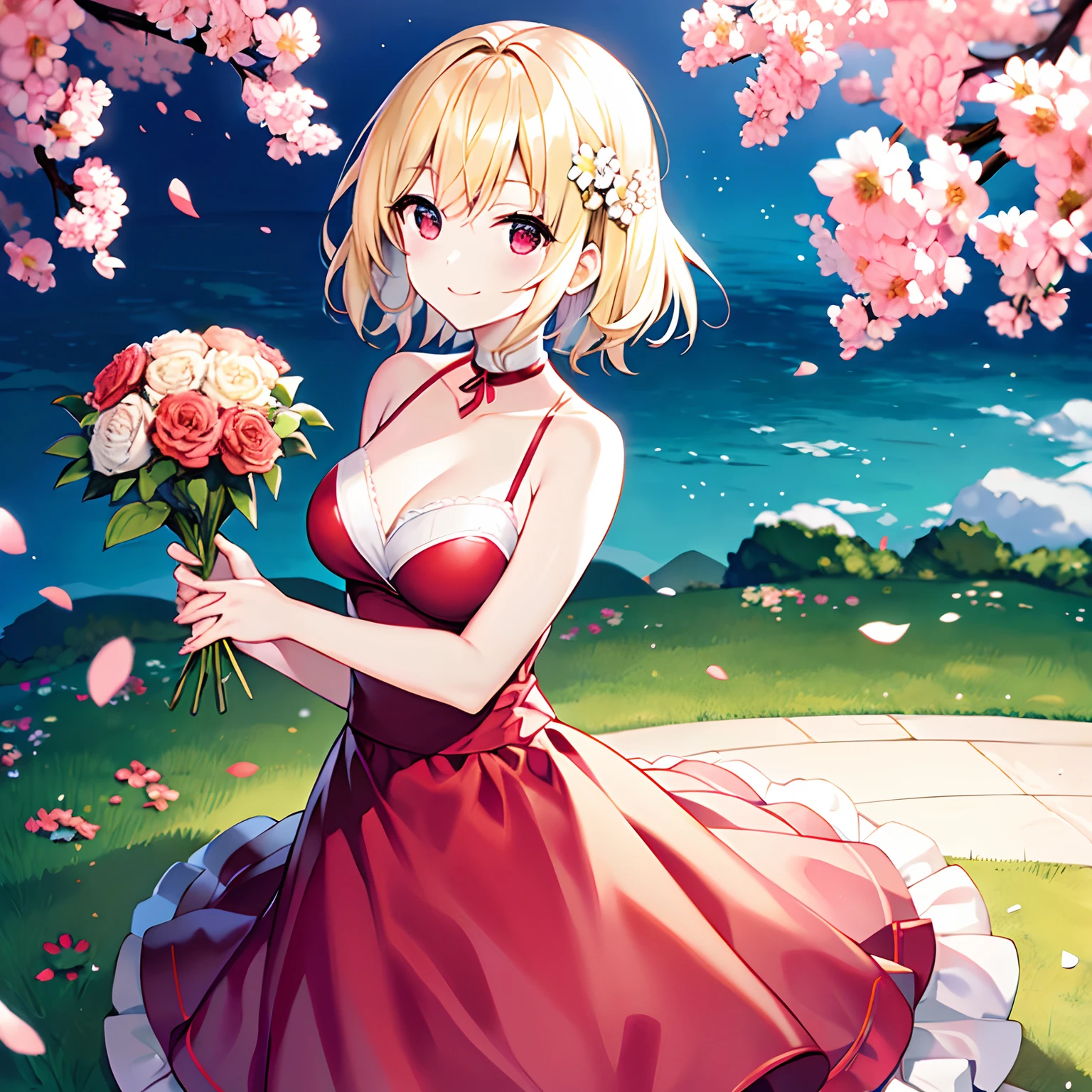 short blonde hair、red eyes、Beautiful girl alone、独奏、animesque、Have a bouquet、doress、flower field、A smile