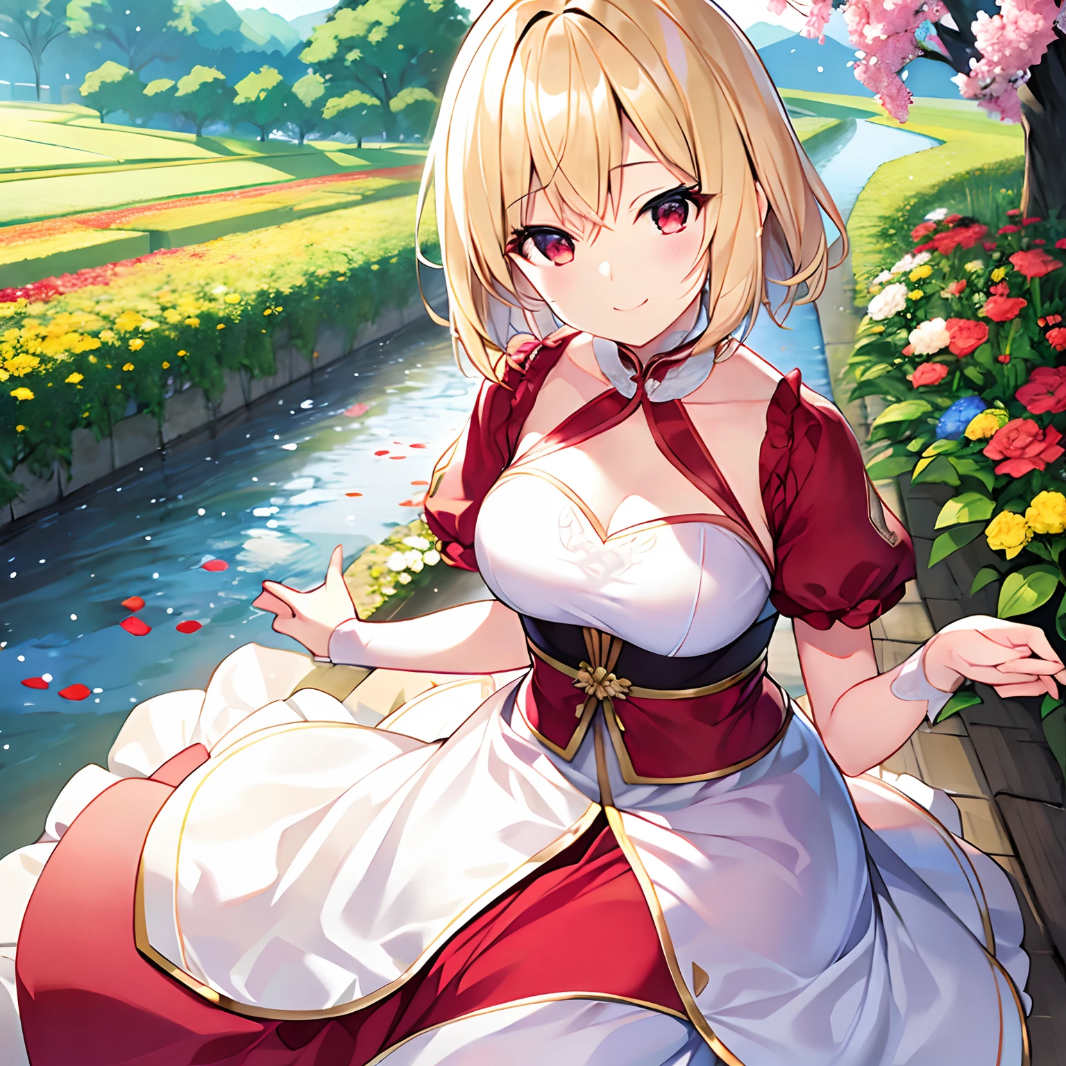 short blonde hair、red eyes、Beautiful girl alone、独奏、animesque、Have a bouquet、doress、flower  field、A smile