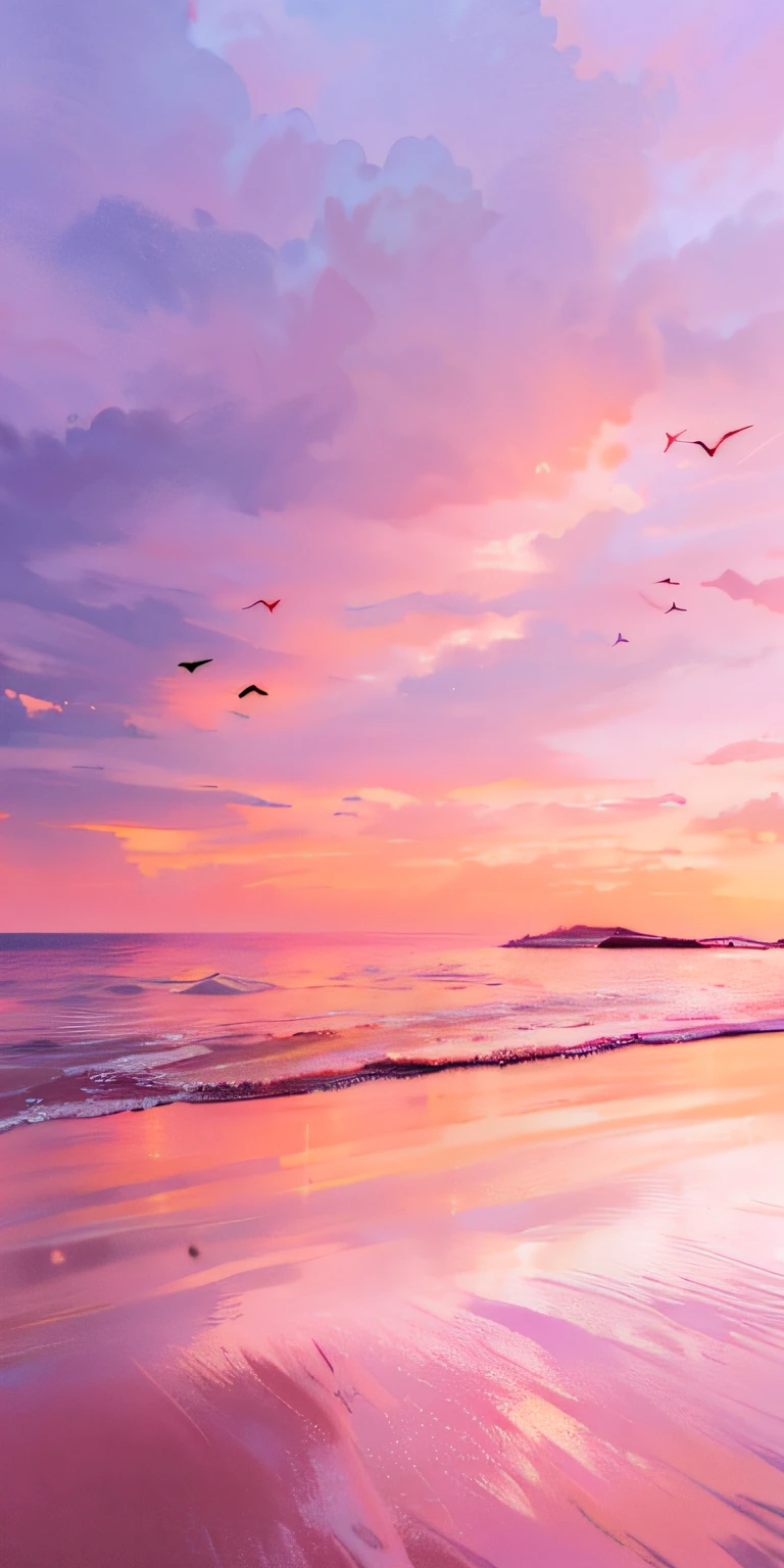 Purple and pink ocean sunset with birds flying in the sky, pastel sunset, Pink sunset, pink sunset hue, pink skies, pink hues, pastel colored sunrise, beach sunset background, pink golden hour, soft sky, Pink sky, serene colors, soft lilac skies, looking out at a pink ocean, heavenly colors, violet and yellow sunset, beautiful dreamy breathtaking