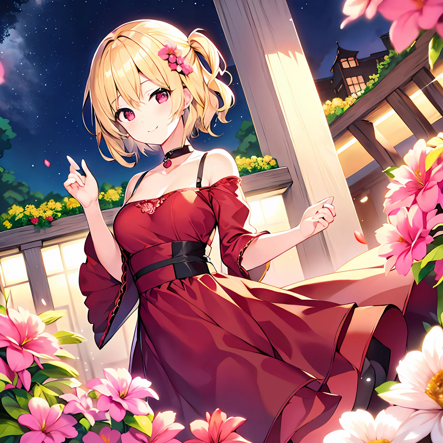 short blonde hair、red eyes、Beautiful girl alone、独奏、animesque、Have a bouquet、doress、flower  field、A smile