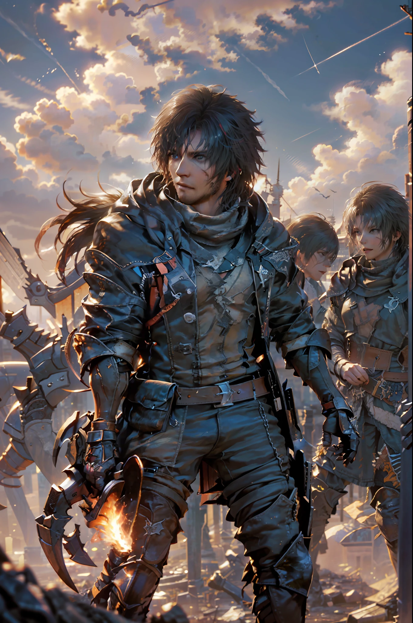 (absurdos, Altas Resoluciones, Ultra detallado, HDR), Obra maestra, La mejor calidad, final fantasy xvi, clive rosfield, 1hombre solamente, guapo, pelo corto, cabello negro, Ojos azules vibrantes, ojos finos y cara detalladas, Armadura, ((Arma intrincada)), pose de combate, sobre colina, llamas de fuego detras, sonrisa afectada, molesto.