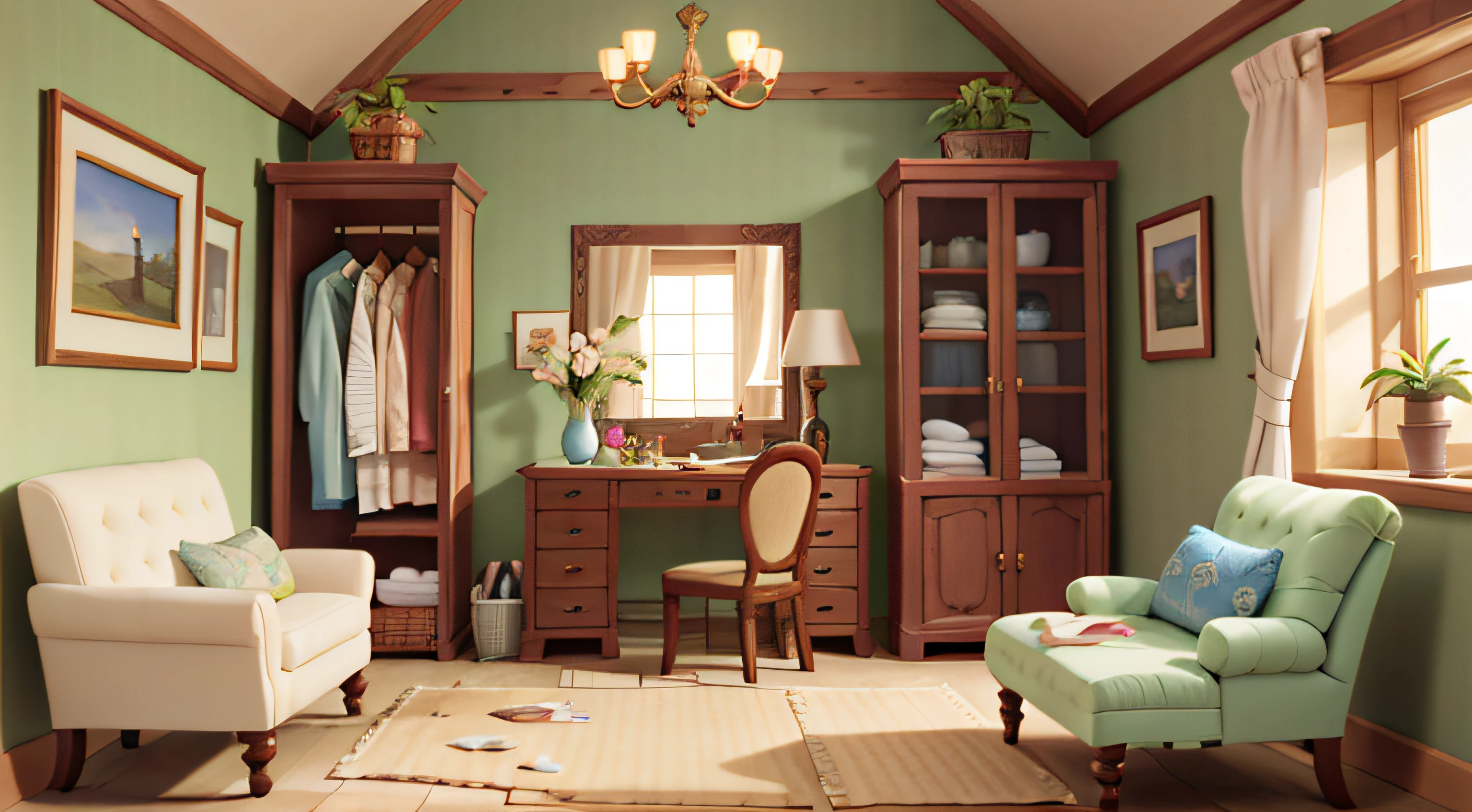 Comfortable dressing room，Standing dummy model，empty floor，carpets，gentlesoftlighting，calm and serene atmosphere，toplight，vanity table，a chair，Wardrobes are lined up on both sides，Dresses for women are placed in the wardrobe，family photos，artwork of a，big window，beautful view，plants and flowers，style of anime，in style of ghibli，Depth，European medieval royal decorative style