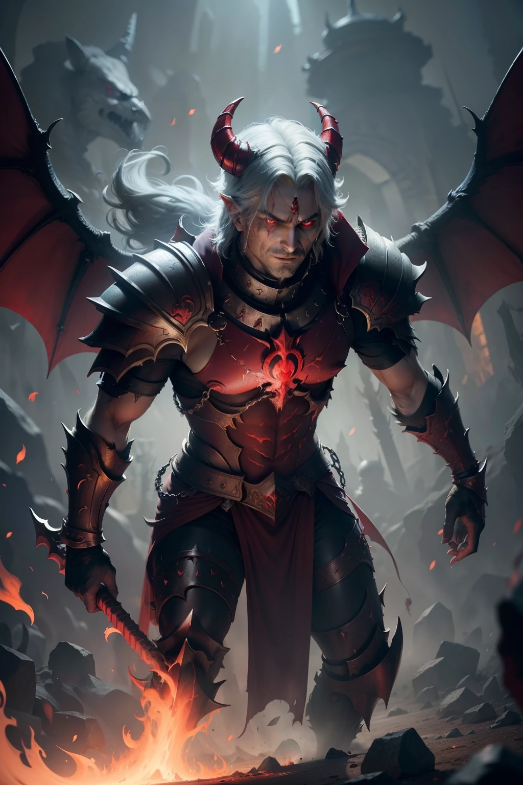 Sameal the King of Demons, male, glowing red pupils, demon horns, evil grin, wearing black and red heavy steel armor, fighting stance, bloody feathered wings, ruling the central pits of hell BREAK masterpiece illustration portrait, Dante's Inferno background, subsurface scattering, ray traced, depth of field, bokeh, vivid colors, cinematic hard lighting, realistic shadows,