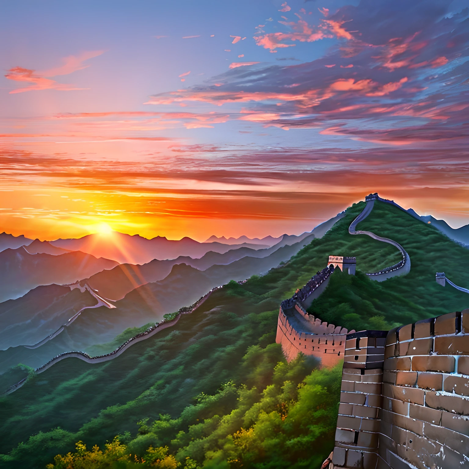 the great wall，the sunset