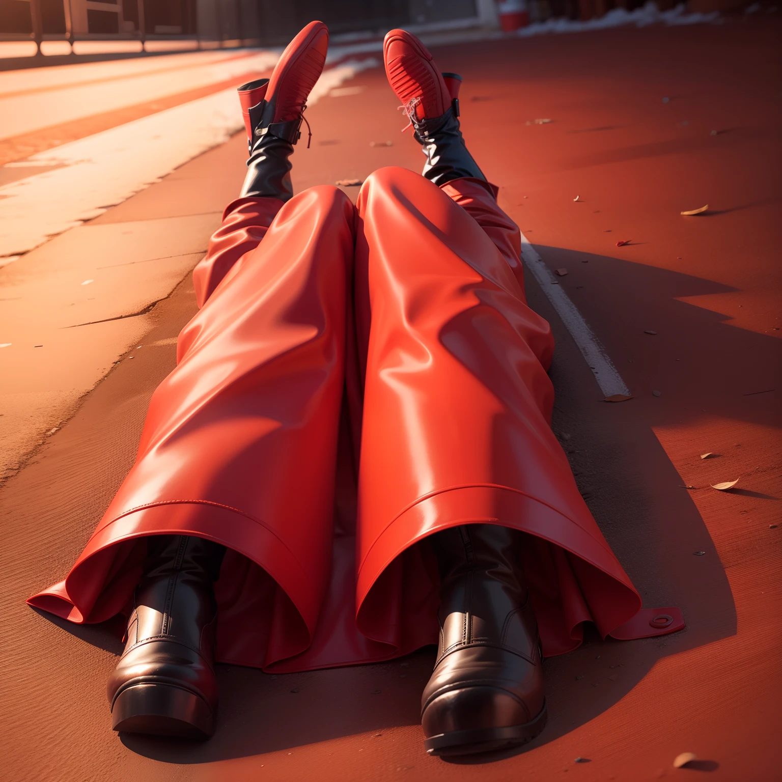 Wearing a red gel coat，lies on the ground，legs are open，Stick out your tongue，roll eyes