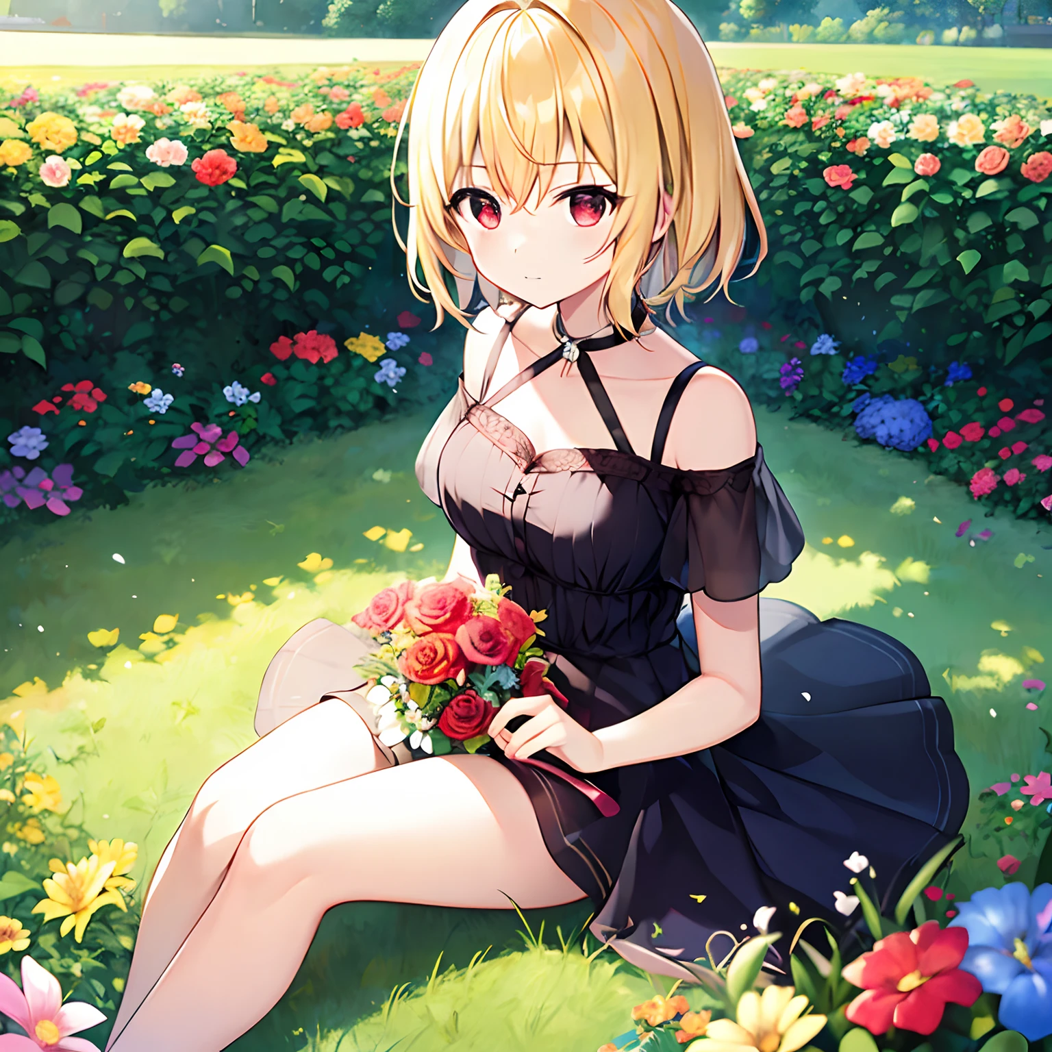 short blonde hair、red eyes、Beautiful girl alone、独奏、animesque、Have a bouquet、doress、flower  field、Cool-headed expression