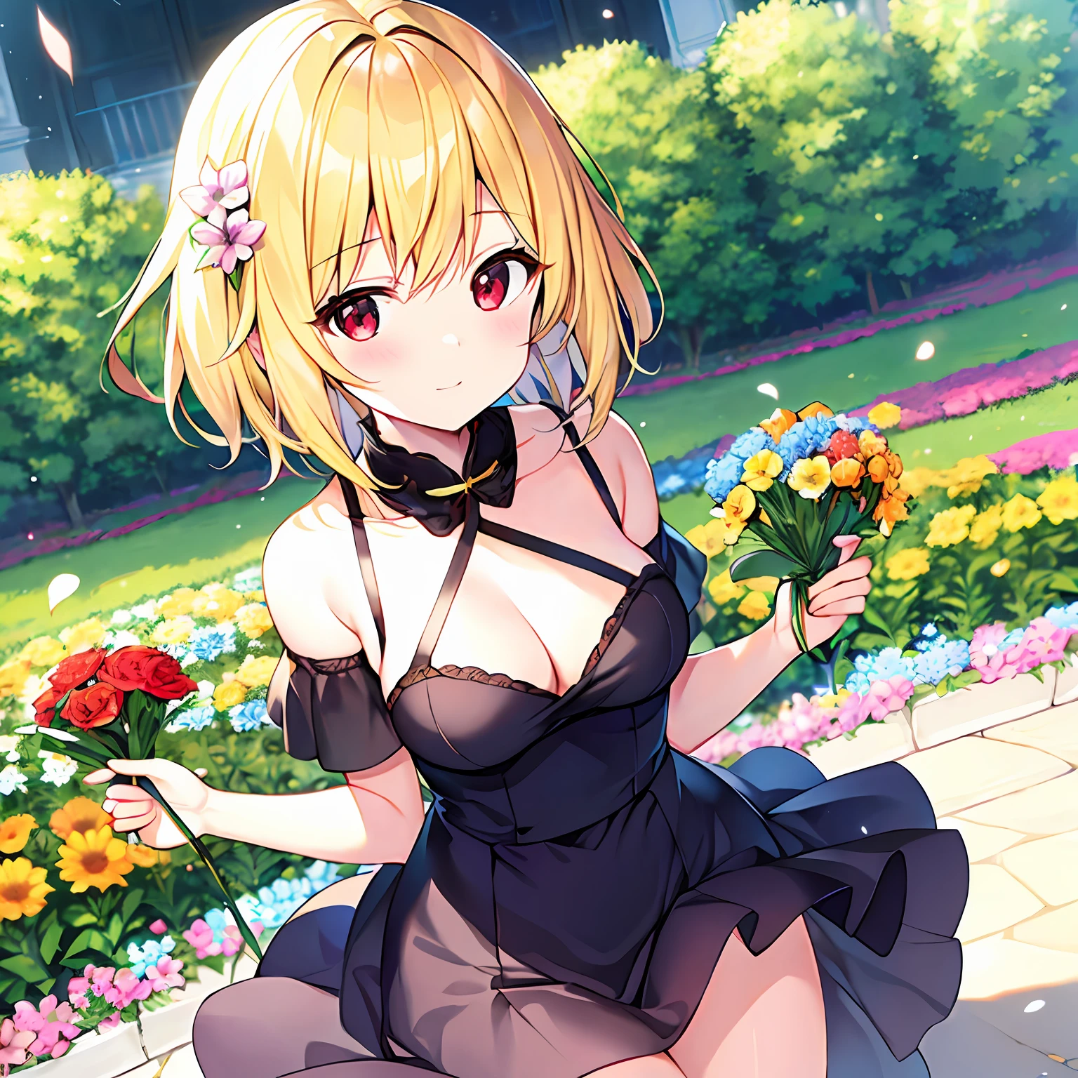 short blonde hair、red eyes、Beautiful girl alone、独奏、animesque、Have a bouquet、doress、flower field、Cool-headed expression