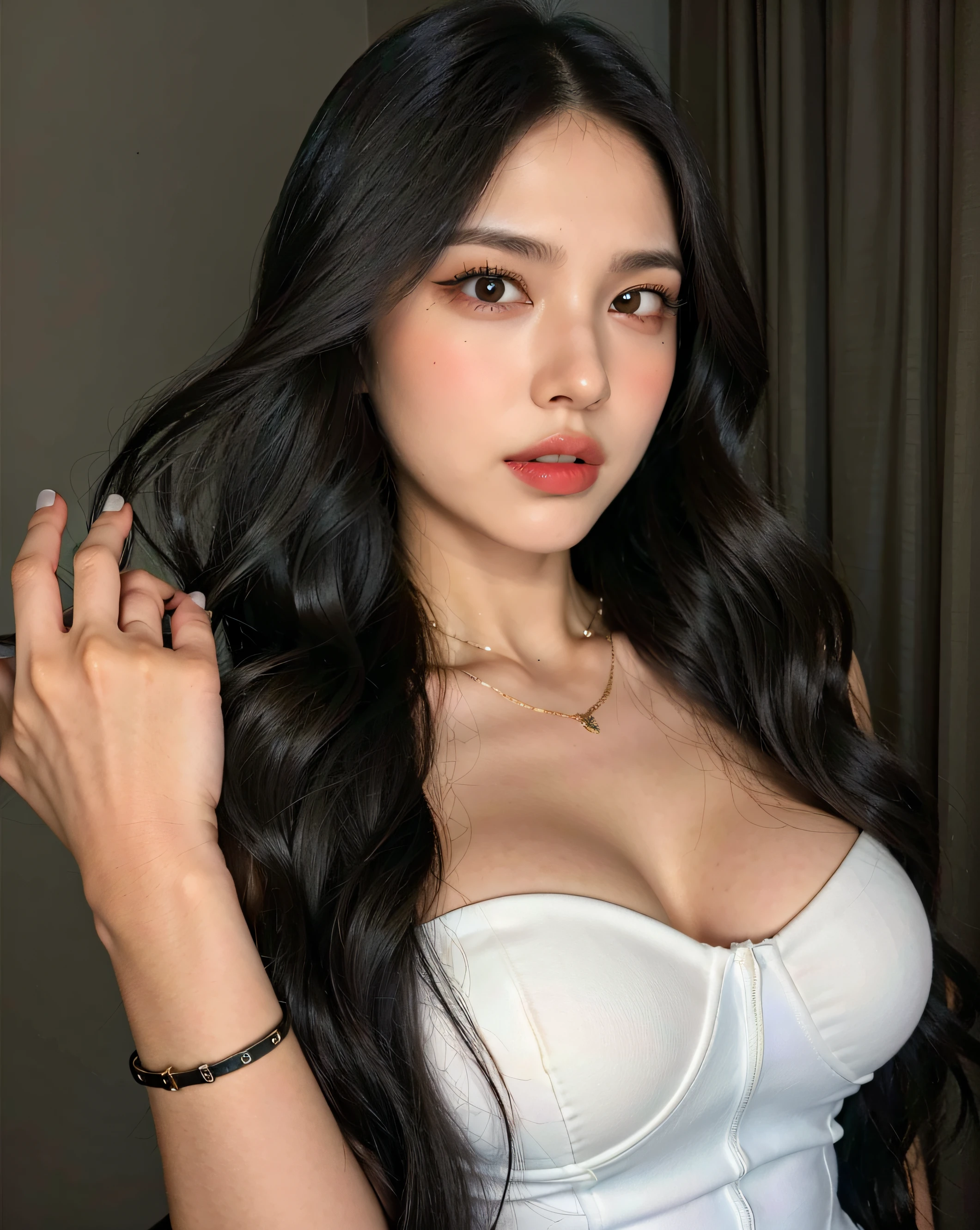 Un primer plano de una mujer con cabello largo y negro con un vestido blanco, Hermosa cara latina, Violeta Myers, Hermosa mujer mexicana, hembra con pelo largo y negro, Se parece a Laura Barriales, Mujer con cabello negro, Anastasia Ovchinnikova, cabello oscuro y maquillaje, Belleza asombrosa, Cara sexy con maquillaje completo, alanis guillen, beautiful arab woman