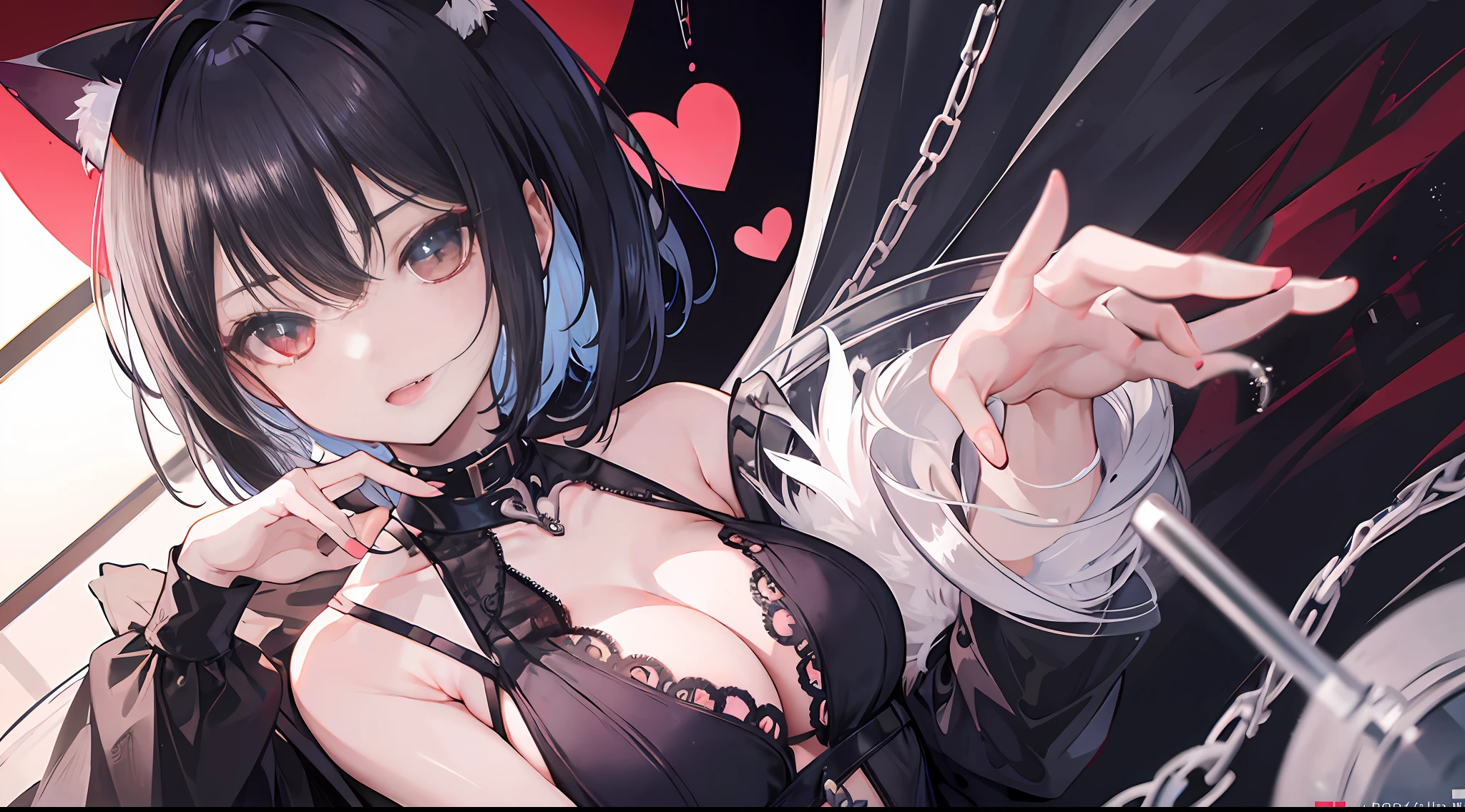 (1girl:1.21), demon girl, sick jiao, medium hair, cat lingerie, bob cut, cleavage, (chains:1.1), huge breasts, heart pasties, metal collar, tongue, fang, Hasselblad, 135mm, f/4.0, ray tracing, cinematic lighting, drop shadow, backlighting, ccurate, textured skin, anatomically correct, super detail, high details, high quality, 4K