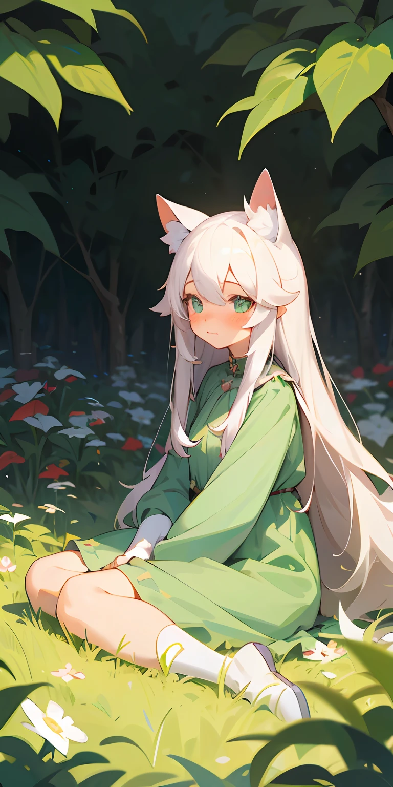 (tmasterpiece,best qualtiy),1 long white haired cat-eared beast lady loli sitting in a field of greenery and flowers,The cheeks are accompanied by a blush anime style or two-dimensional, --auto