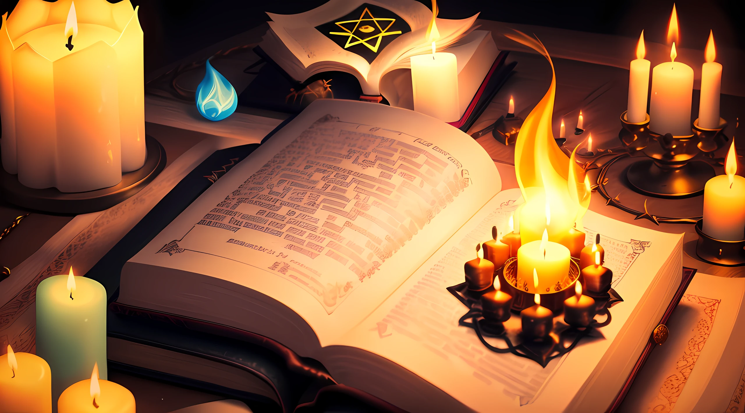 candles are lit on a table with a book and a candle, spell casting, open magic book glowing, black magic spells, spell book, spell casting wizard, casting a protection spell, holy flame spell, Reading an evil demonic book, casting a flame spell, Home Wicca Scene, spells magic, magias, Iluminado com velas, magic symbols, magic book