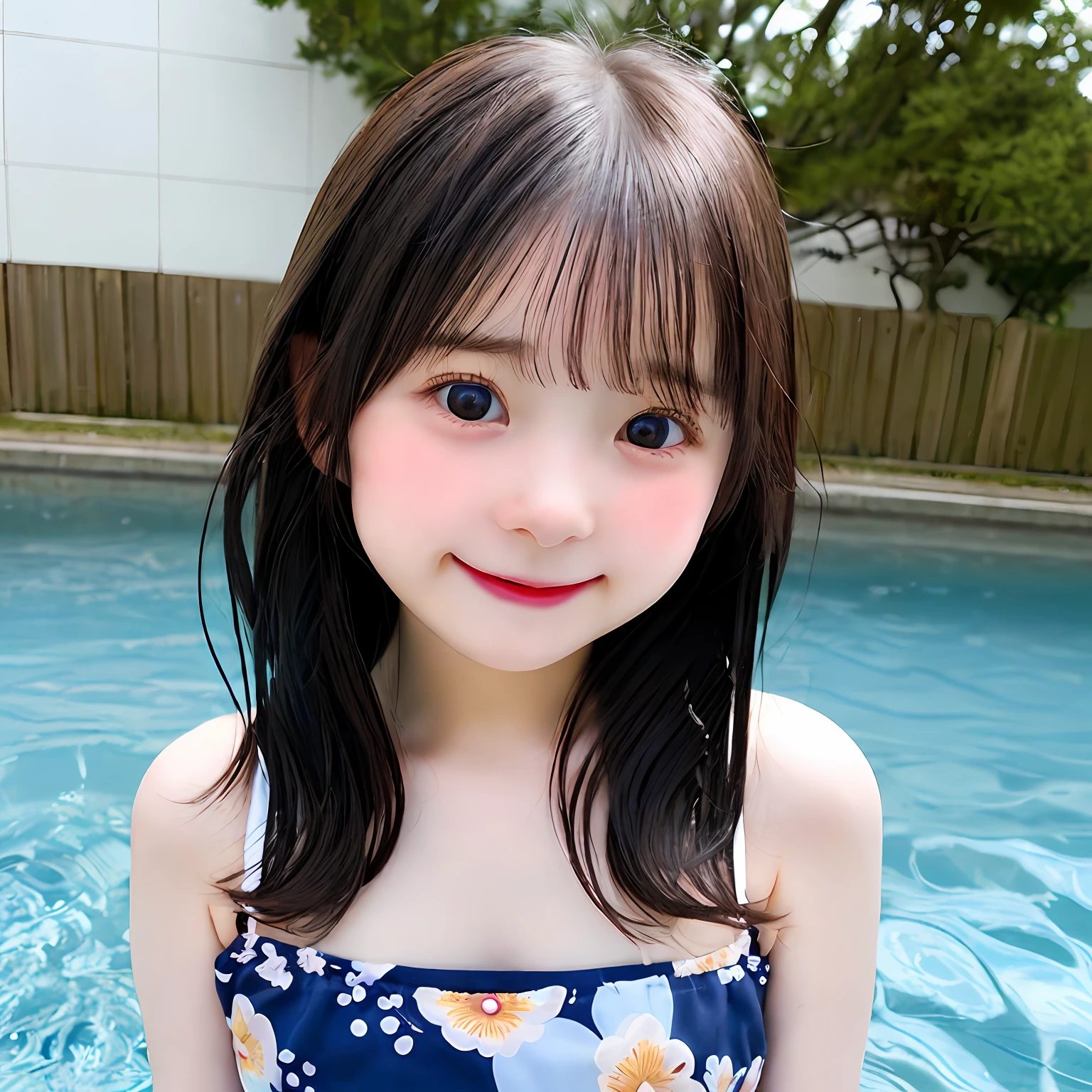 ((Top Quality, 8k, Masterpiece: 1.3)), Crisp Focus: 1.2, Beautiful Girl with Perfect Figure: 1.4, Slender Abs: 1.2, ((Layered, Small Breasts: 1.3,)), (Poolside: 1.2), Highly Detailed Face and Skin Texture, Detailed Eyes, Double Eyelids, Long Hair, Straight Hair, Children's Clothes, (Swimsuit), (: 1.4), Toddler Body Shape, Bangs, Smile: 1.3, very cute, facing the front, (junior idol: 1,4), children, poolside, cleavage,