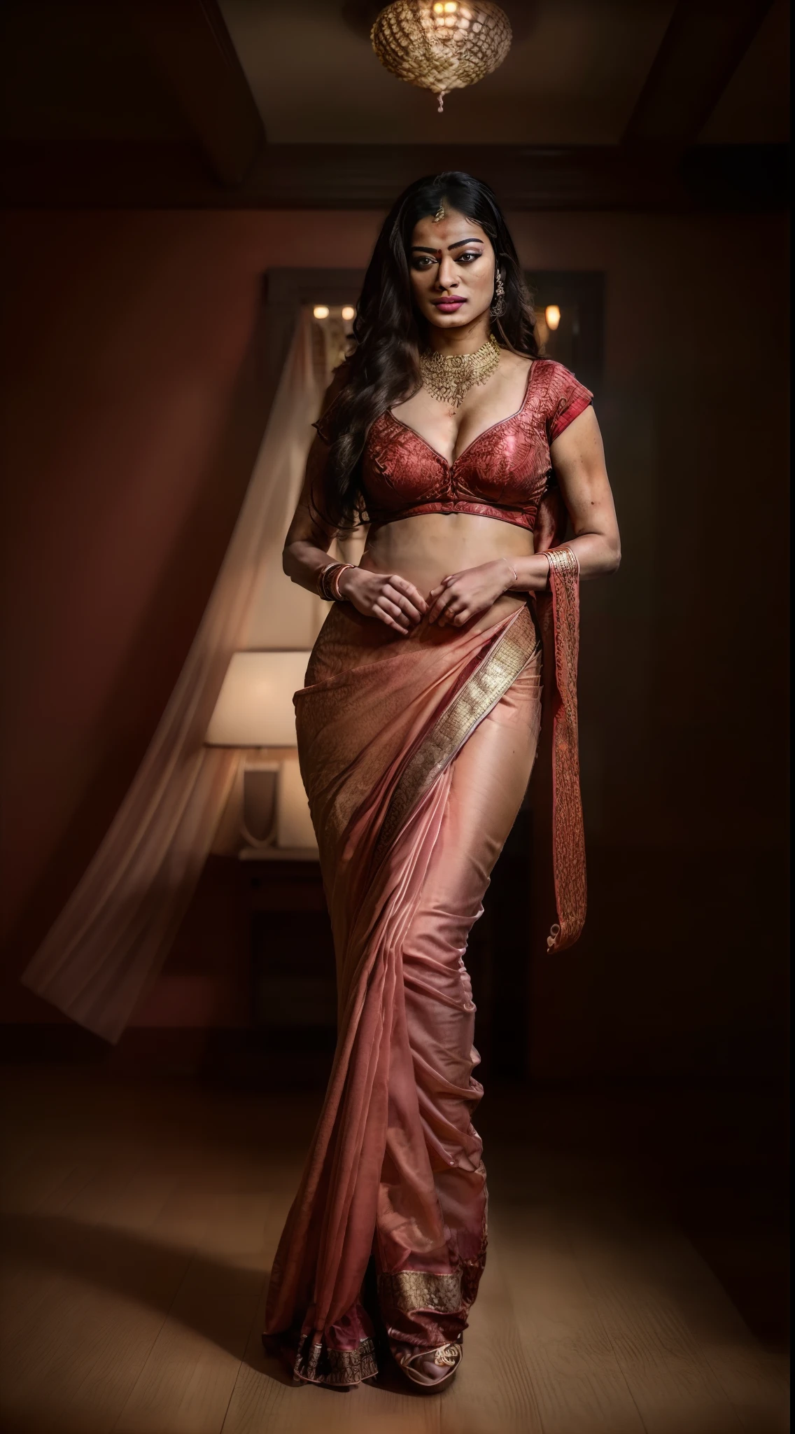 sexy girl, (Indian sexy babe:1.1), (full body shot:1.5), 20 years old, rashmika mandanna, bold Bollywood bride, erotic, seductress, instagram model, kamasutra, celestial, romantic, red lips, long doe like intoxicating eyes with mascara, blush, (one side parted disheveled curly long hair:1), sexy fit curvy body, sexy Indian embroidery outfit, ( beautiful red saree:1.1), (deep neck Sabyasachi embroidery blouse:1.1), (cleavage:0.9), (perky breasts:0.5), sexy sensual standing dynamic pose, medium long shot, cinematic shot, atmospheric lighting, Photorealistic, Hyperrealistic, Hyperdetailed, detailed saturated skin, soft lighting, subsurface scattering, (realistic textures:1.3), masterpiece, best quality, ultra realistic, long medium shot, centre composition, 8k, golden ratio, Intricate, (romantic film grading:1), film photography, award winning photography, soft focus, dynamic abstract background, fcHeatPortrait ,arshadArt,Indian